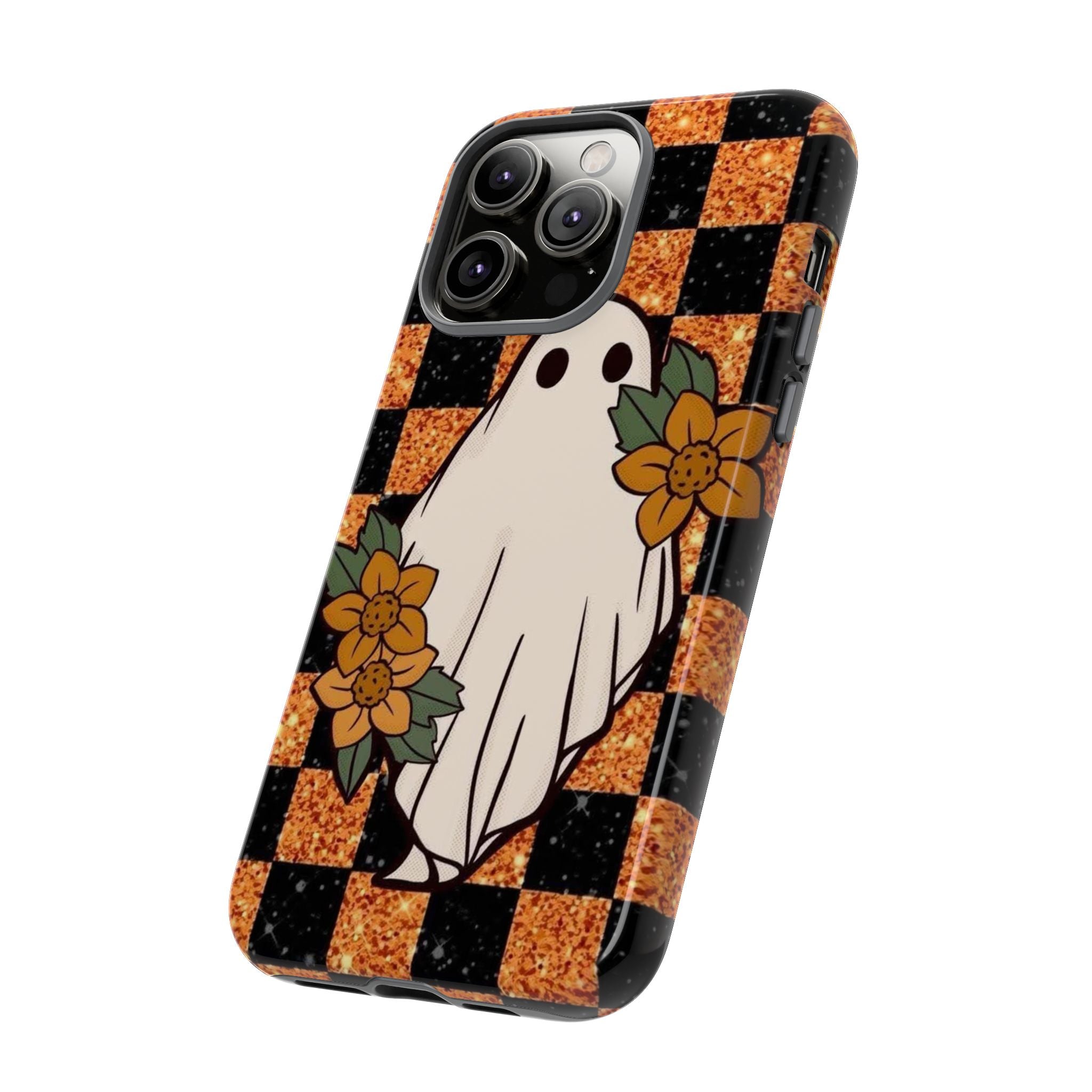 Halloween Ghost Phone Case — Checkerboard Orange Glitter Floral Design
