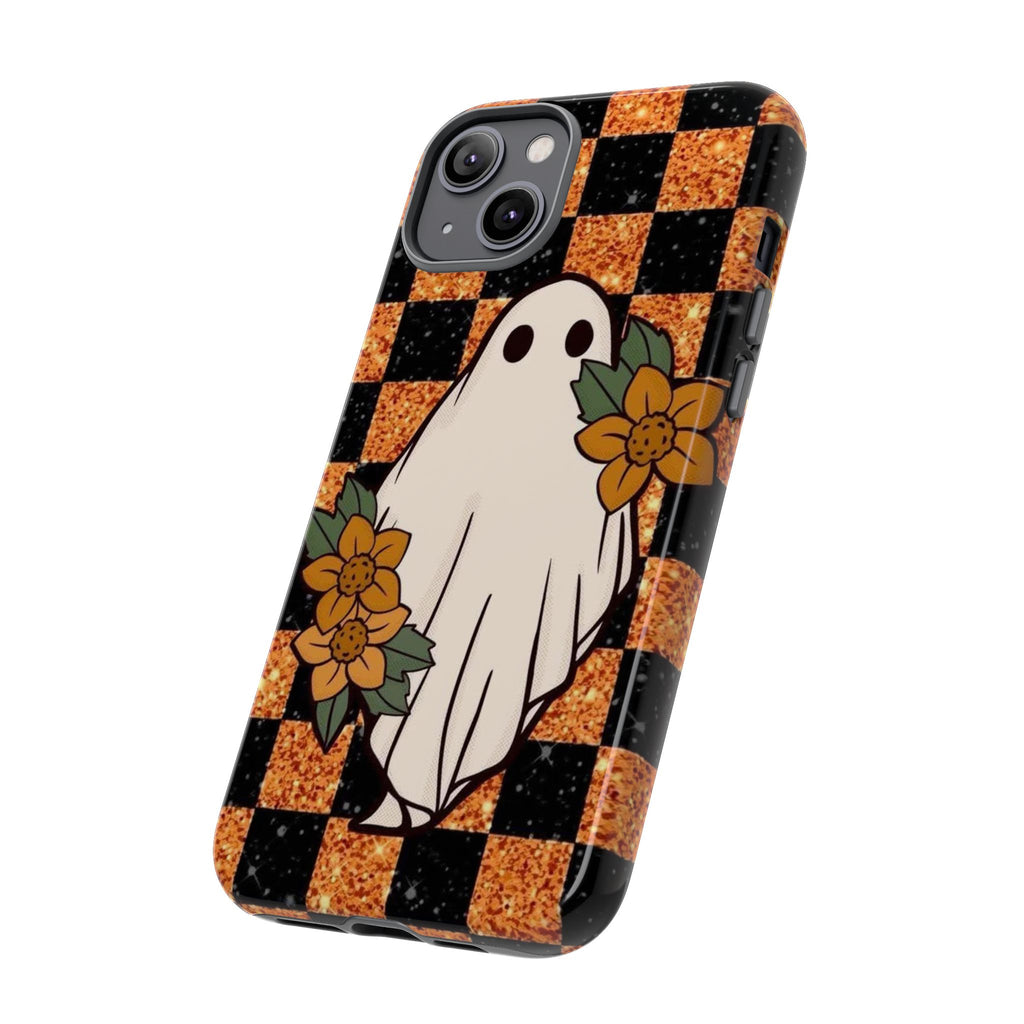 Halloween Ghost Phone Case — Checkerboard Orange Glitter Floral Design