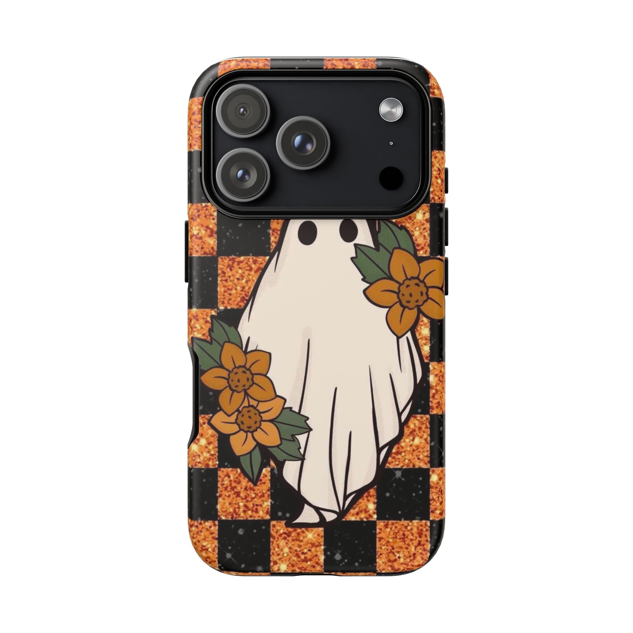 Halloween Ghost Phone Case — Checkerboard Orange Glitter Floral Design