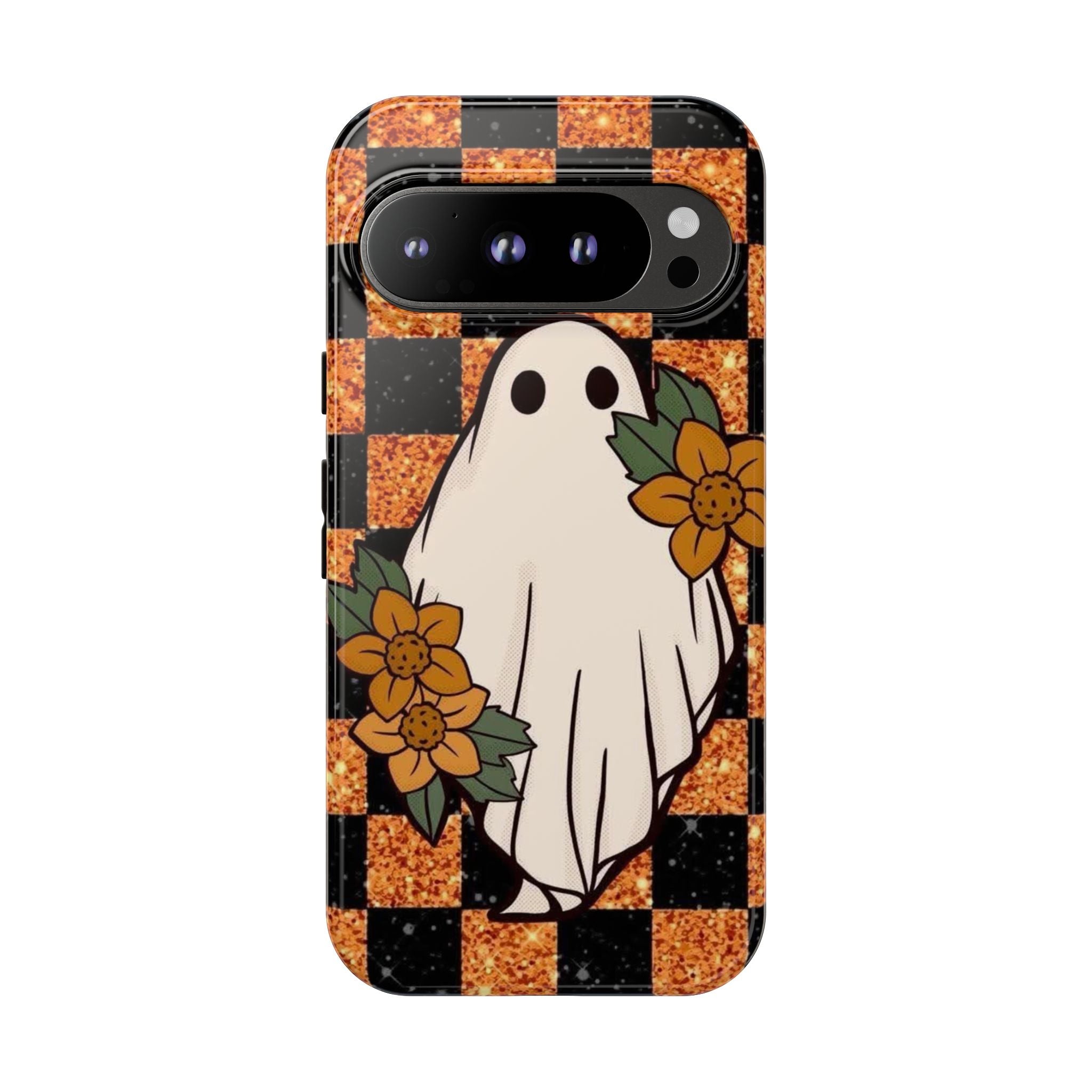 Halloween Ghost Phone Case — Checkerboard Orange Glitter Floral Design