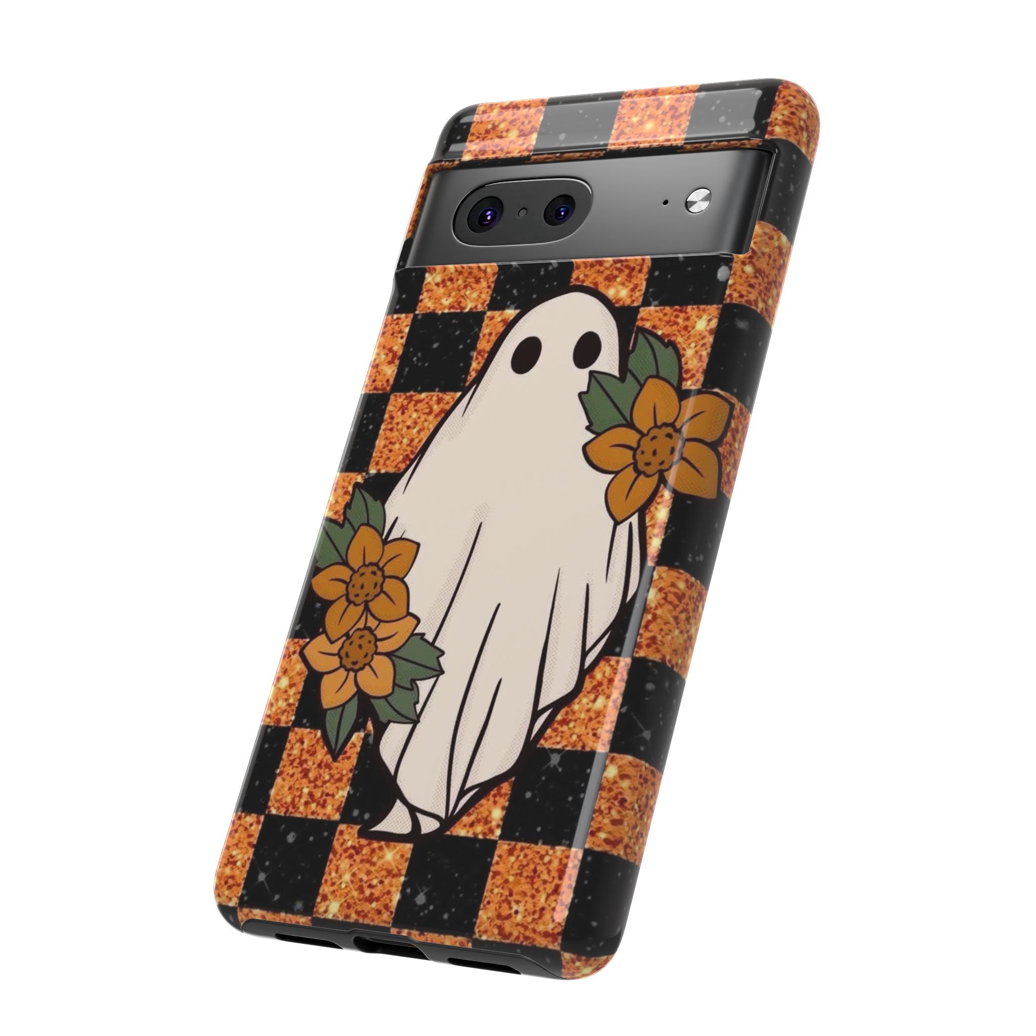 Halloween Ghost Phone Case — Checkerboard Orange Glitter Floral Design