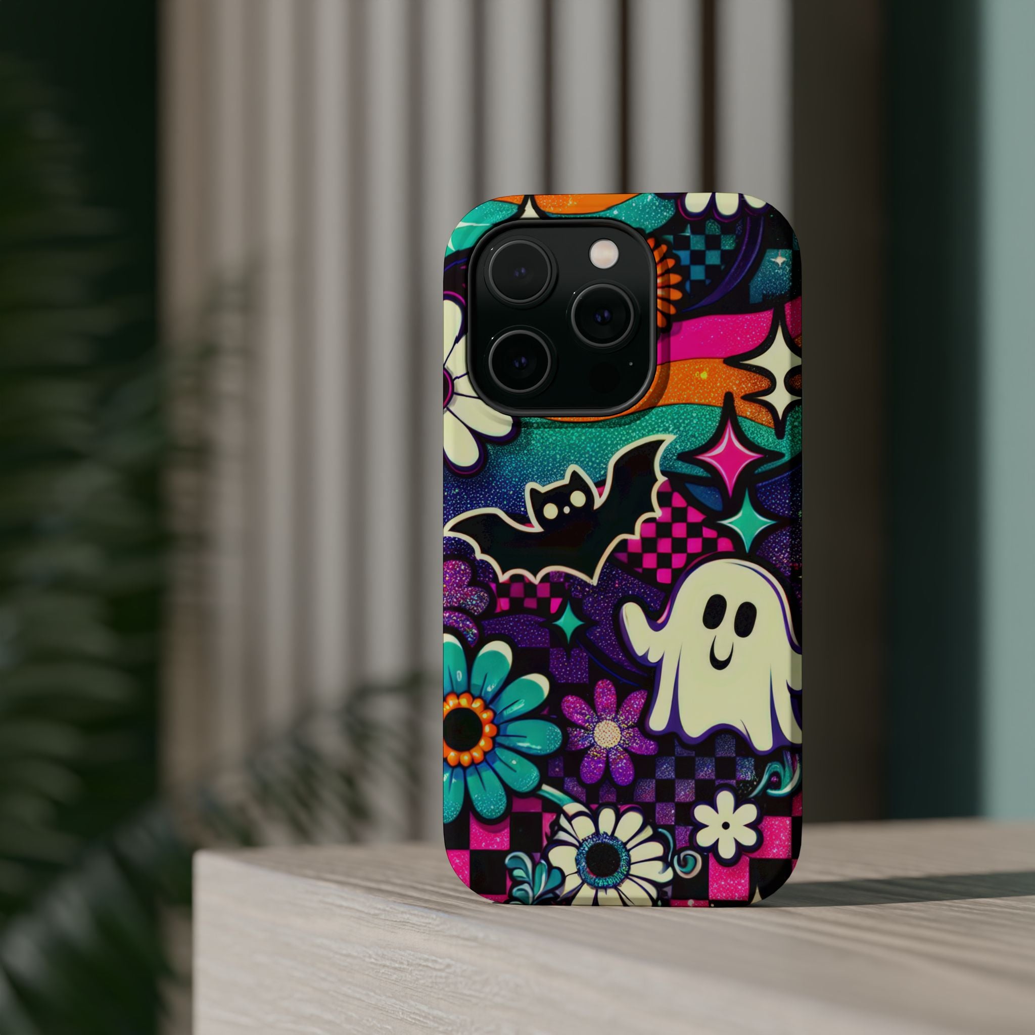 Halloween Retro Ghost & Bat Phone Case — Magnetic Impact-Resistant