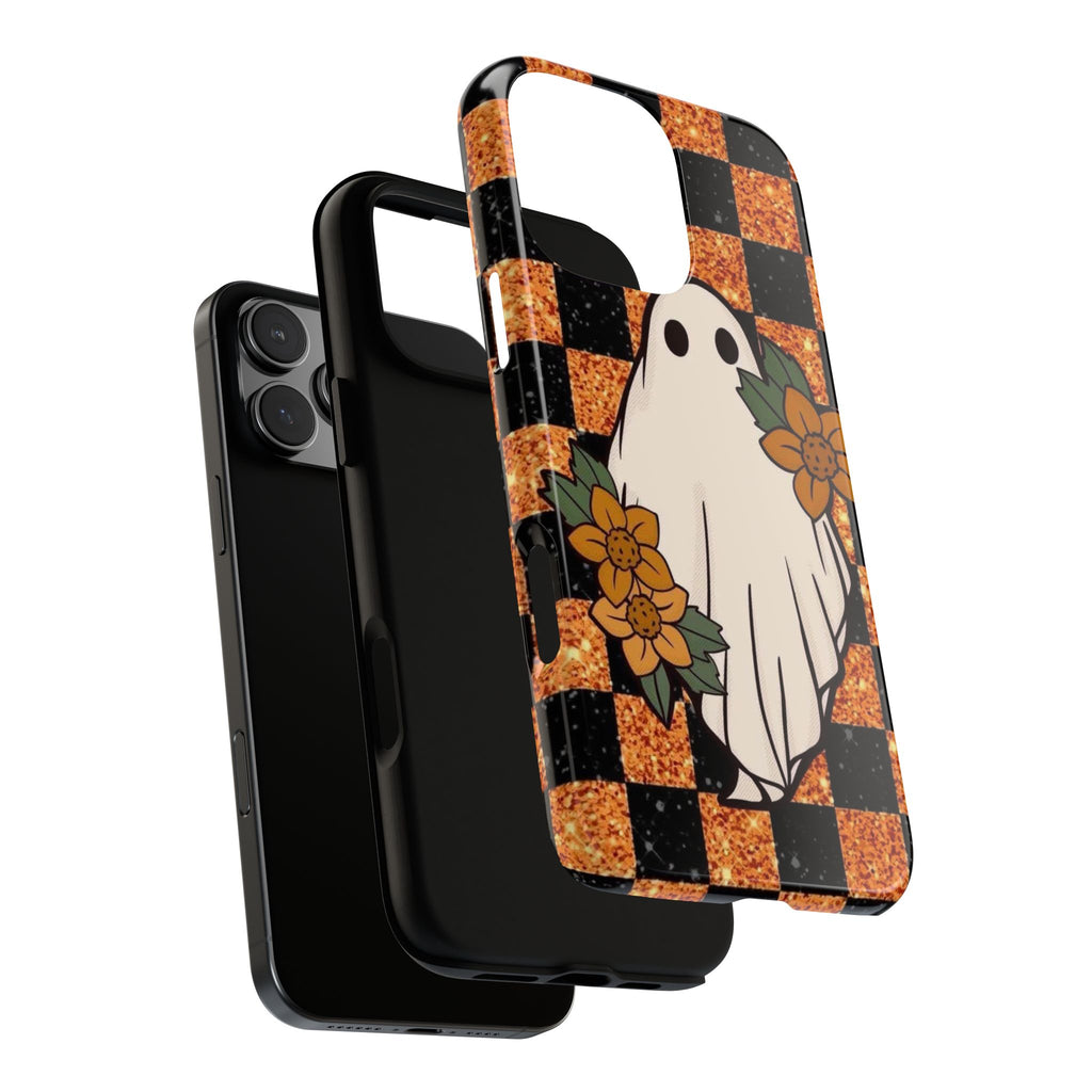 Halloween Ghost Phone Case — Checkerboard Orange Glitter Floral Design