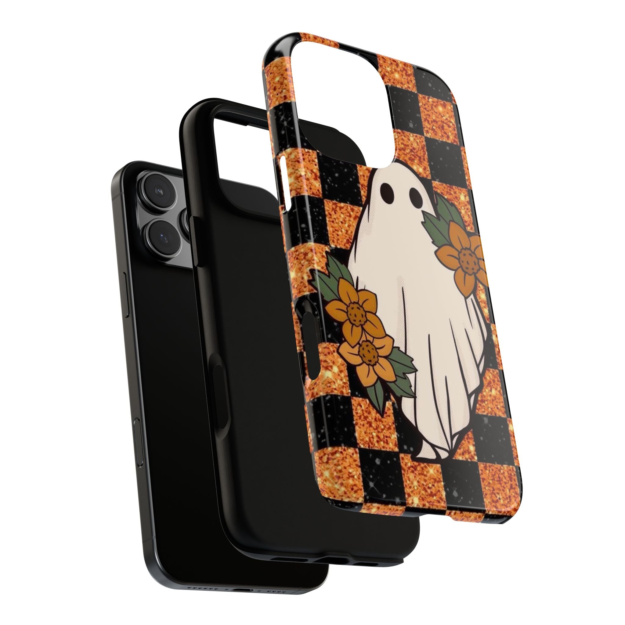 Halloween Ghost Phone Case — Checkerboard Orange Glitter Floral Design