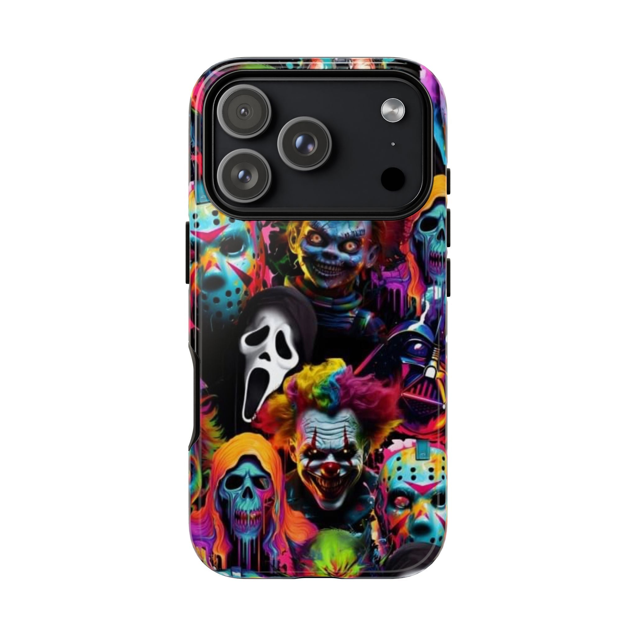 Phone Case — Neon Horror Mask Collage (Scream, Jason, Clown)