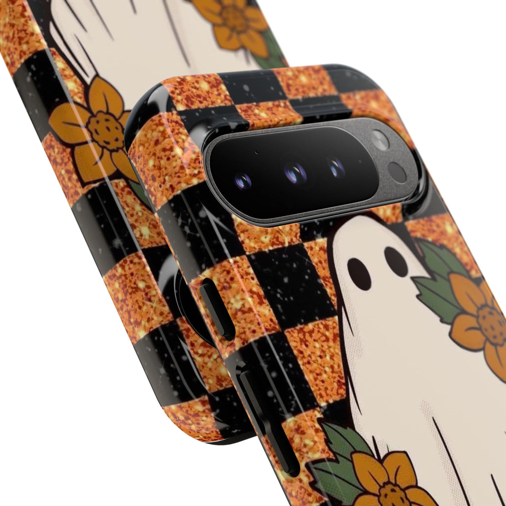 Halloween Ghost Phone Case — Checkerboard Orange Glitter Floral Design