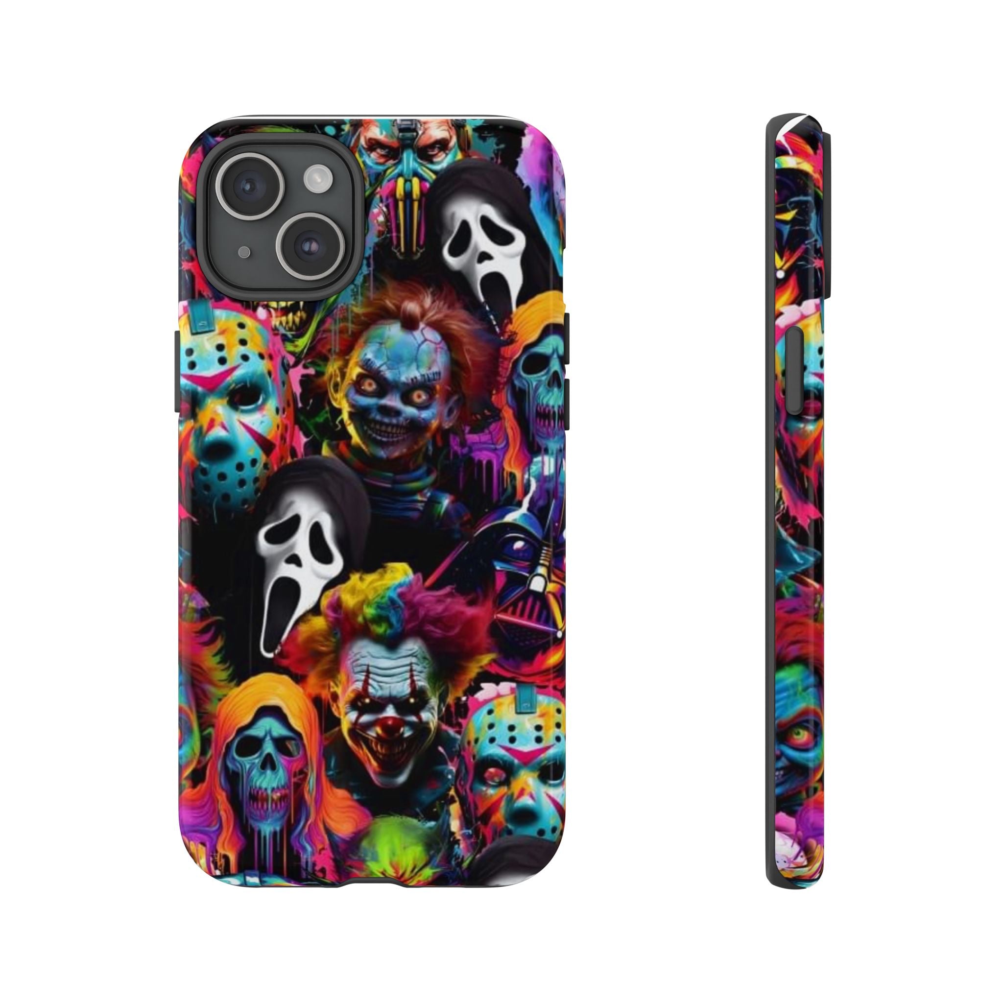 Phone Case — Neon Horror Mask Collage (Scream, Jason, Clown)
