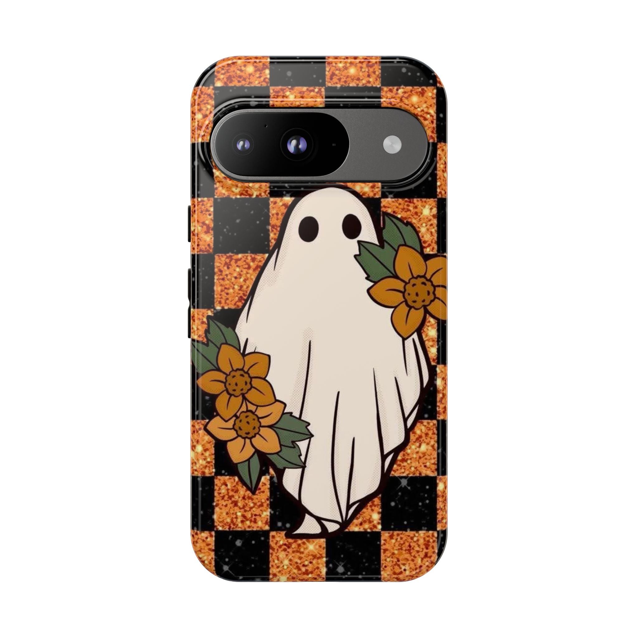 Halloween Ghost Phone Case — Checkerboard Orange Glitter Floral Design