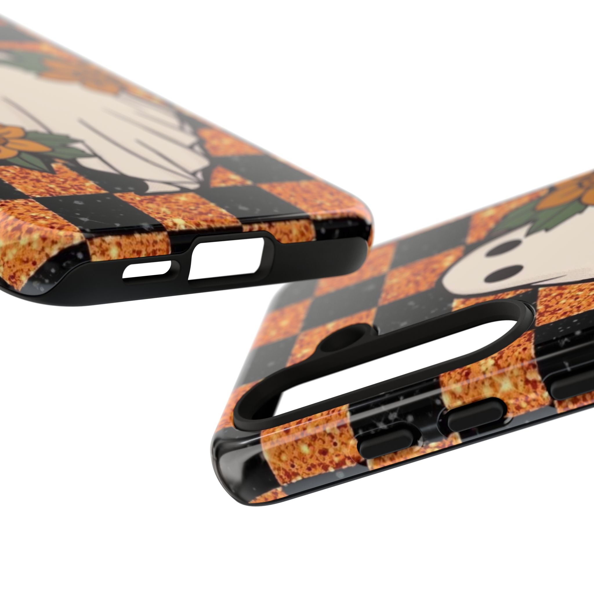 Halloween Ghost Phone Case — Checkerboard Orange Glitter Floral Design