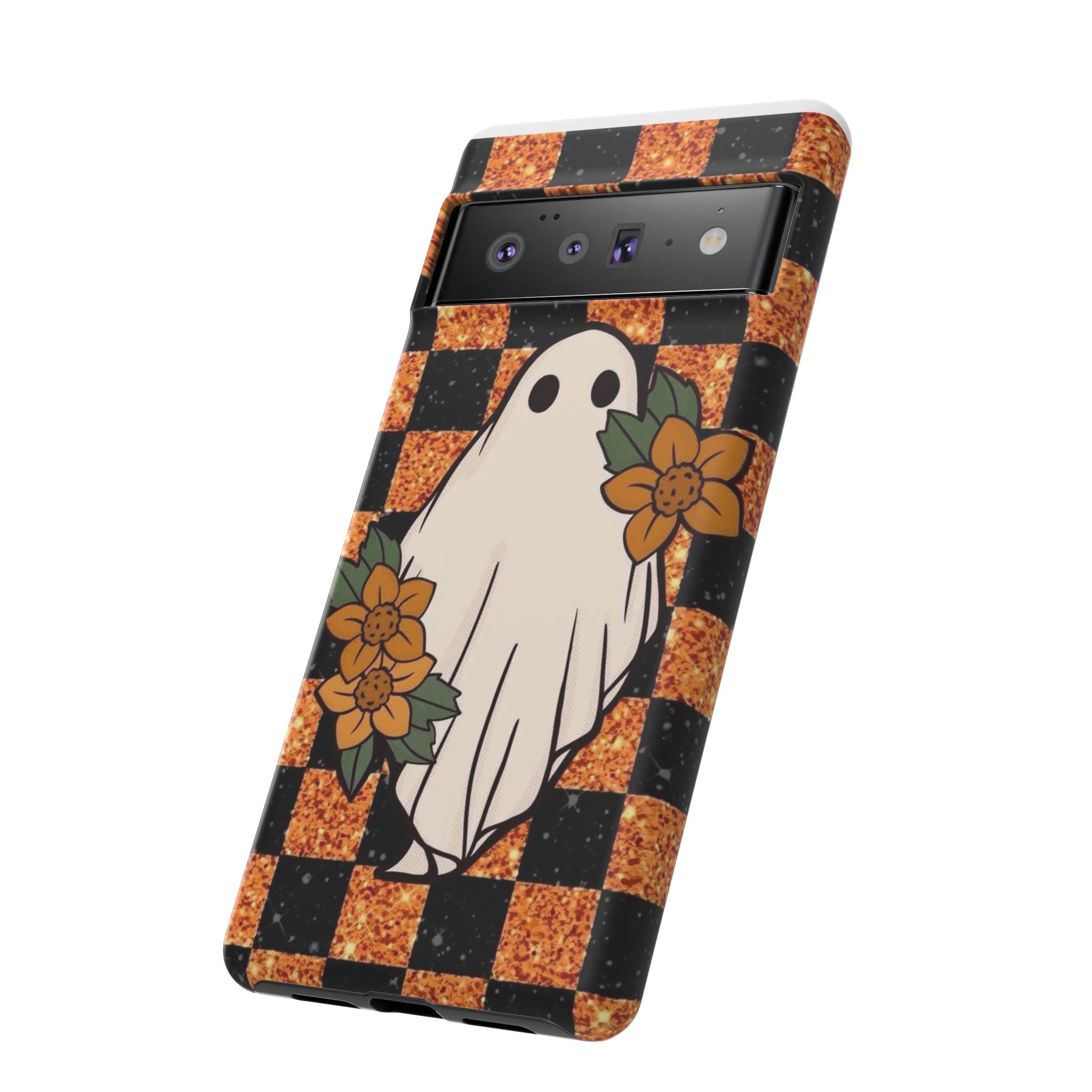 Halloween Ghost Phone Case — Checkerboard Orange Glitter Floral Design