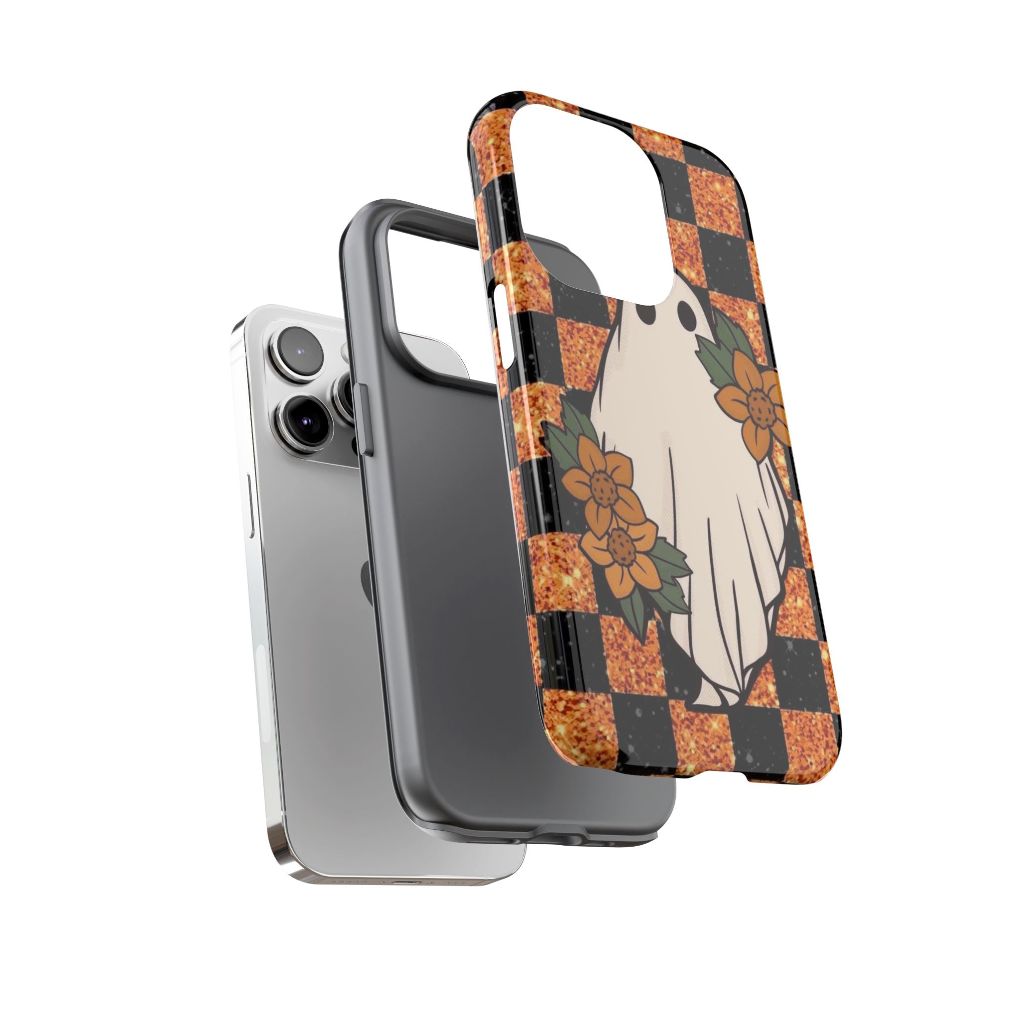 Halloween Ghost Phone Case — Checkerboard Orange Glitter Floral Design