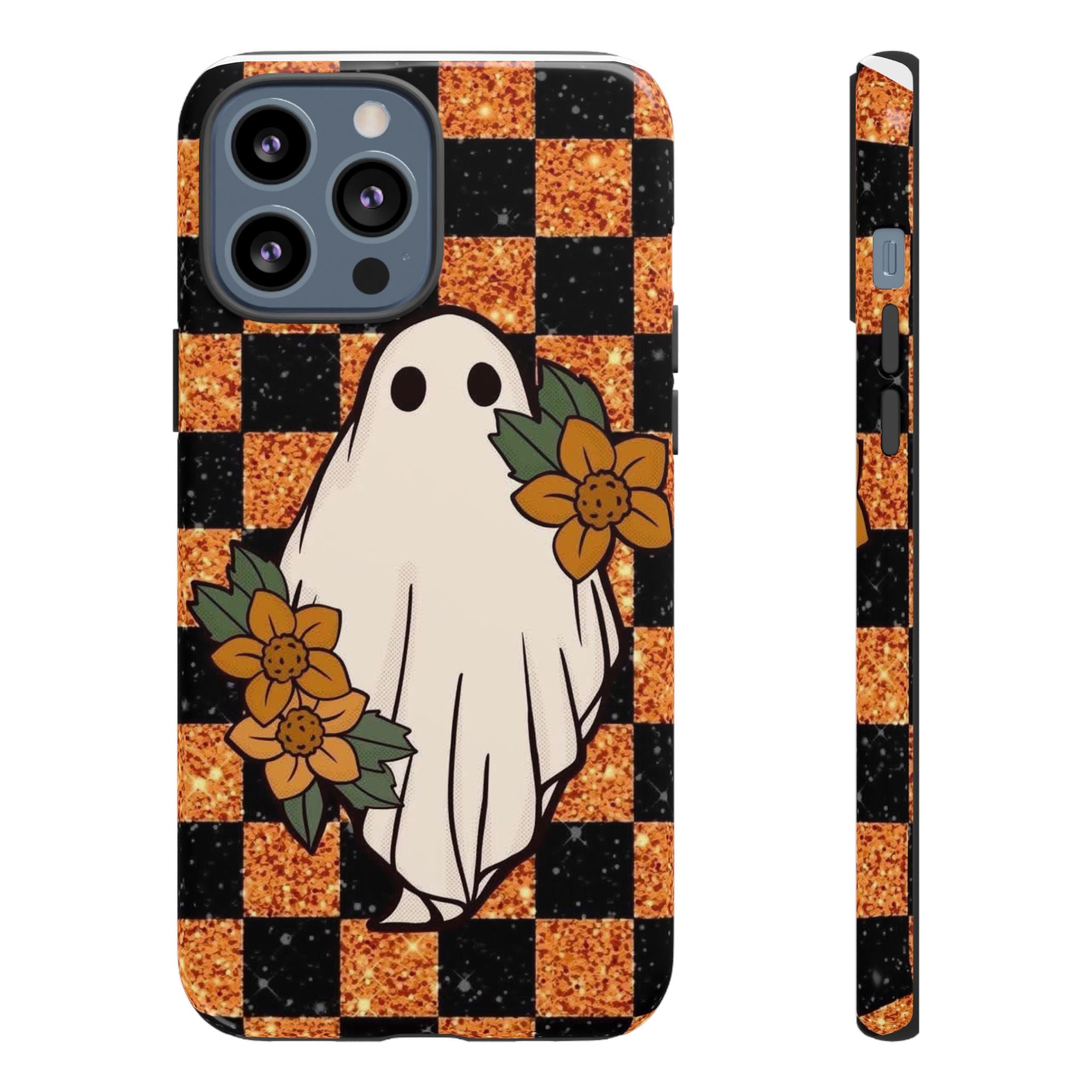Halloween Ghost Phone Case — Checkerboard Orange Glitter Floral Design