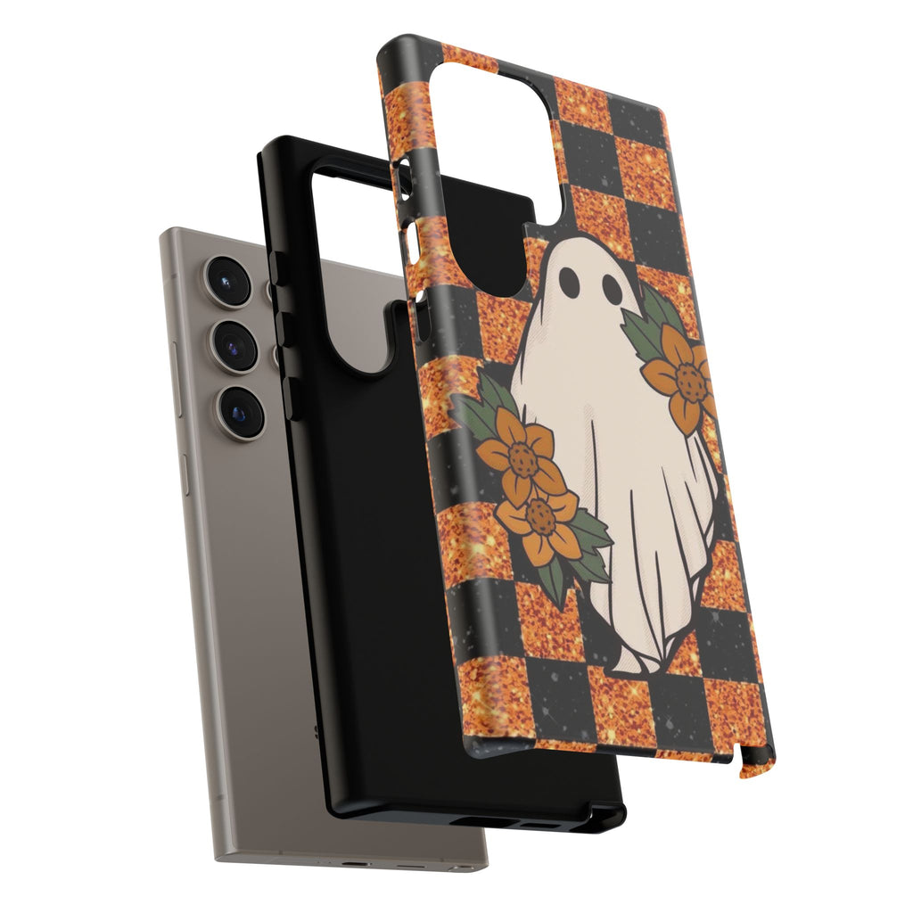 Halloween Ghost Phone Case — Checkerboard Orange Glitter Floral Design