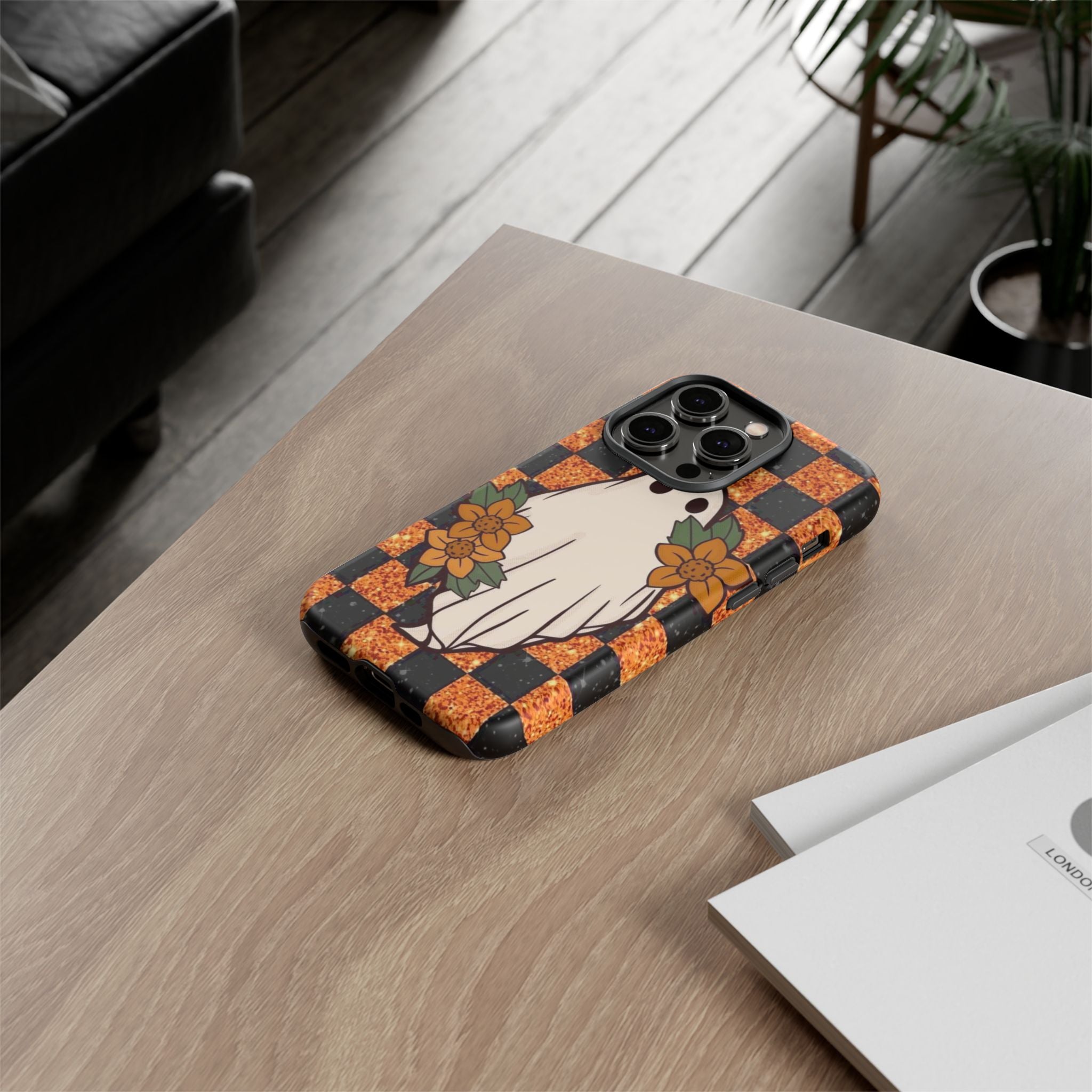 Halloween Ghost Phone Case — Checkerboard Orange Glitter Floral Design