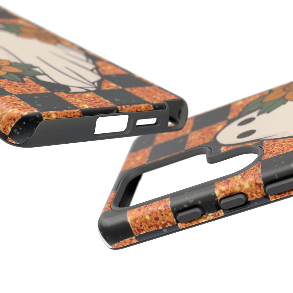 Halloween Ghost Phone Case — Checkerboard Orange Glitter Floral Design