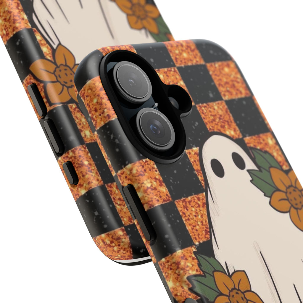 Halloween Ghost Phone Case — Checkerboard Orange Glitter Floral Design