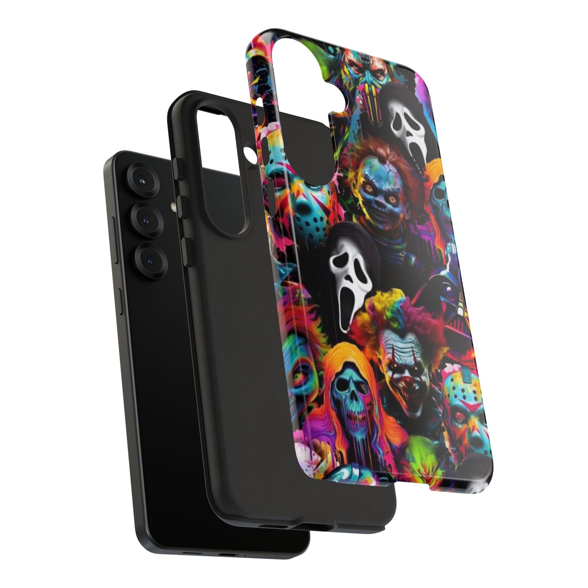 Phone Case — Neon Horror Mask Collage (Scream, Jason, Clown)