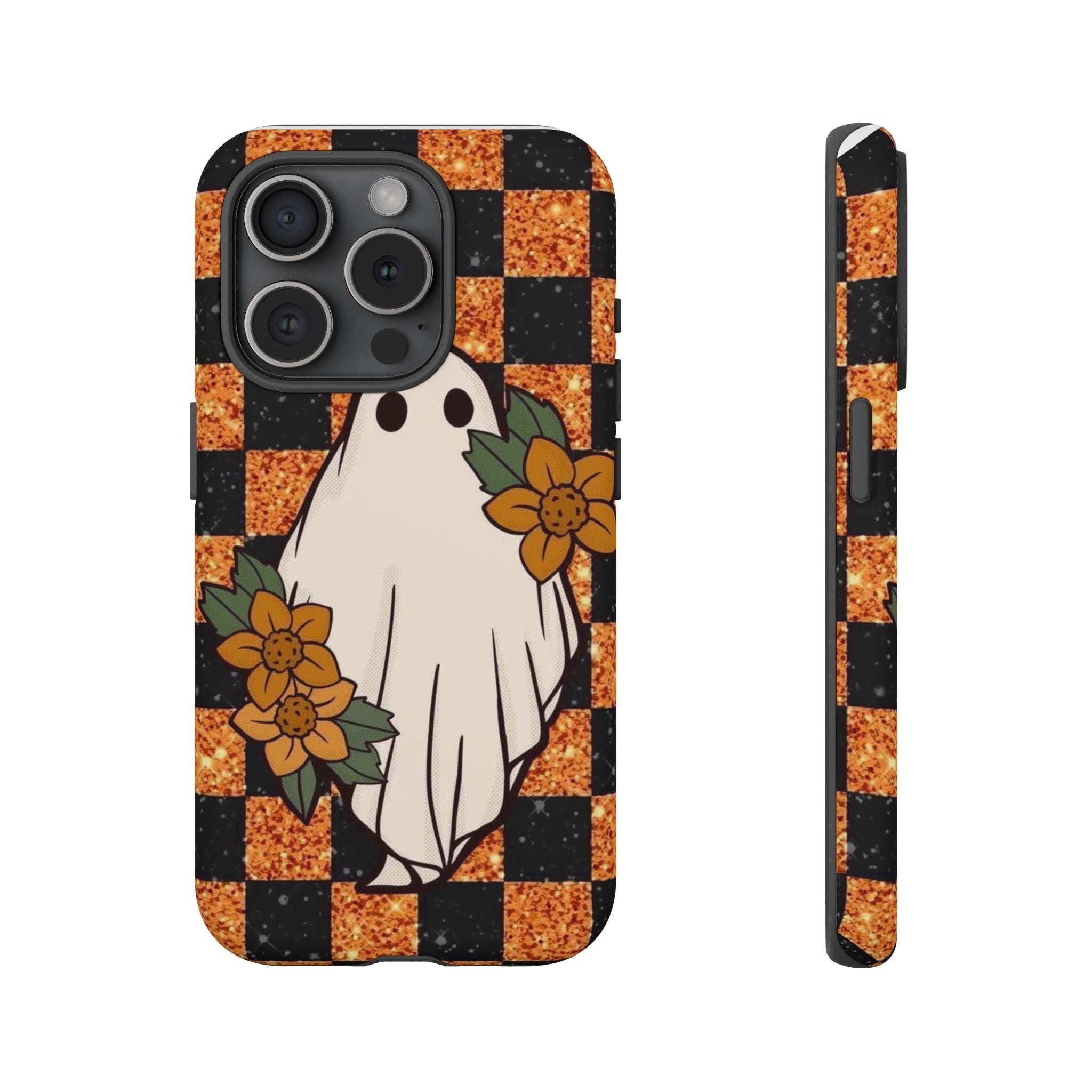 Halloween Ghost Phone Case — Checkerboard Orange Glitter Floral Design