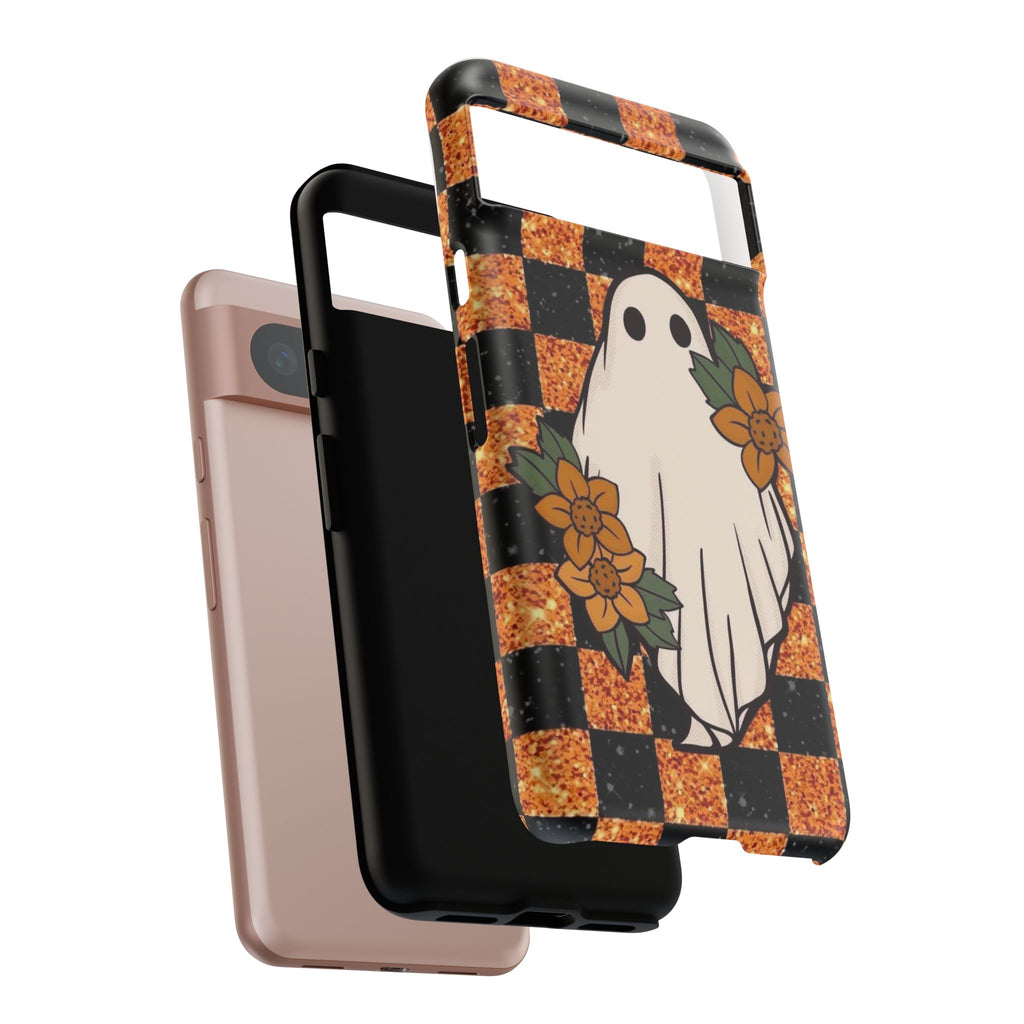 Halloween Ghost Phone Case — Checkerboard Orange Glitter Floral Design