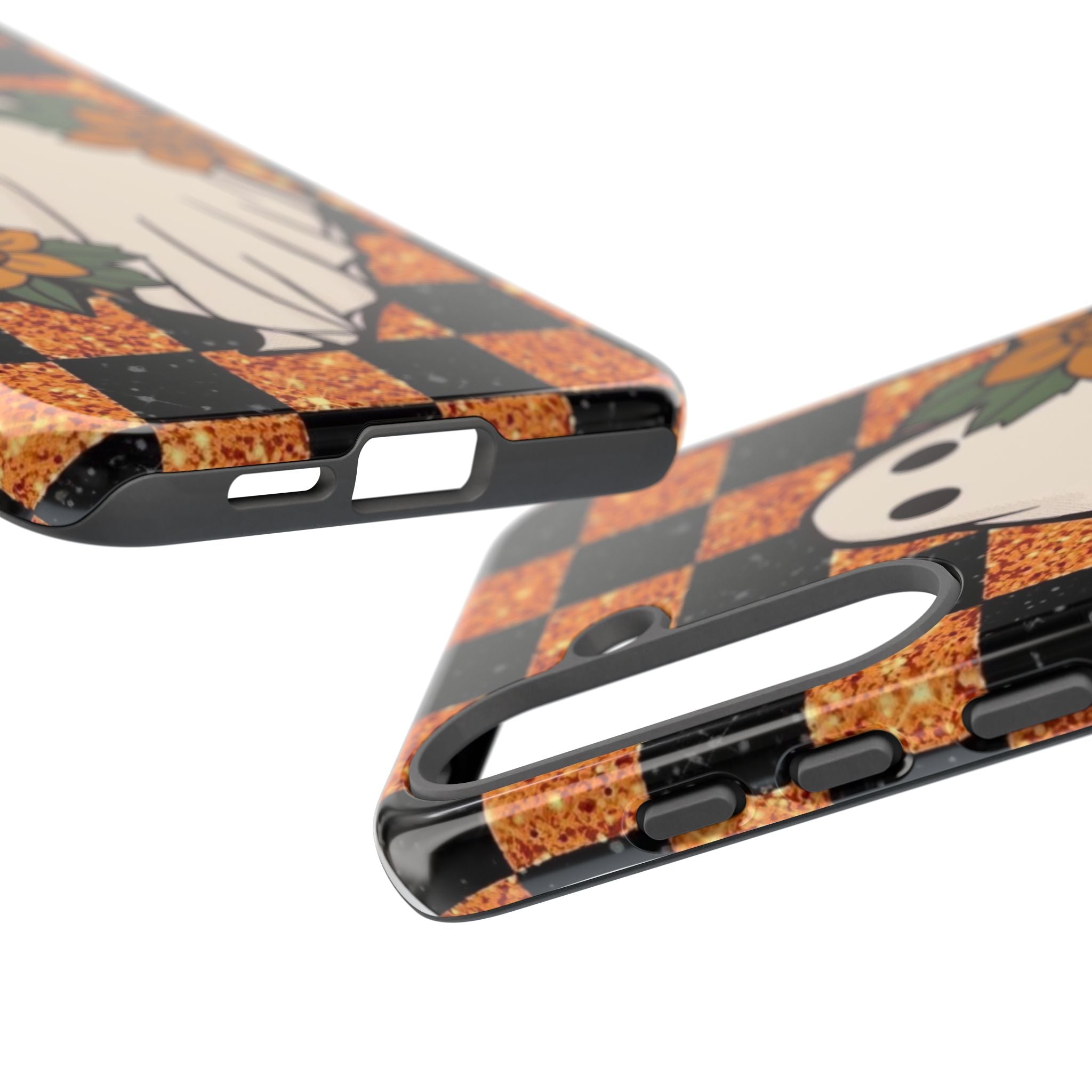 Halloween Ghost Phone Case — Checkerboard Orange Glitter Floral Design