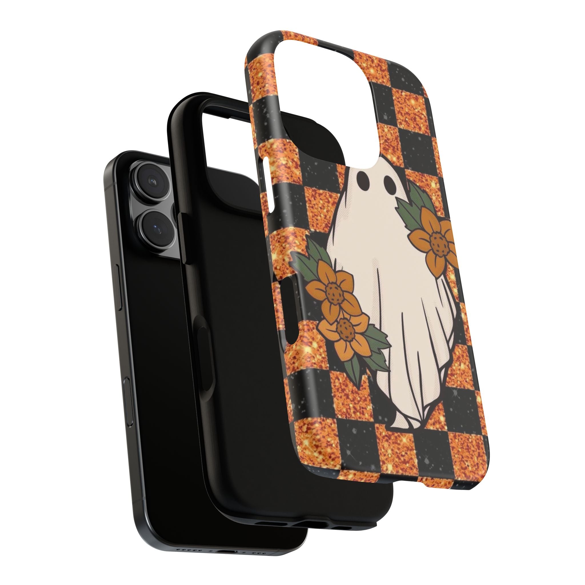 Halloween Ghost Phone Case — Checkerboard Orange Glitter Floral Design