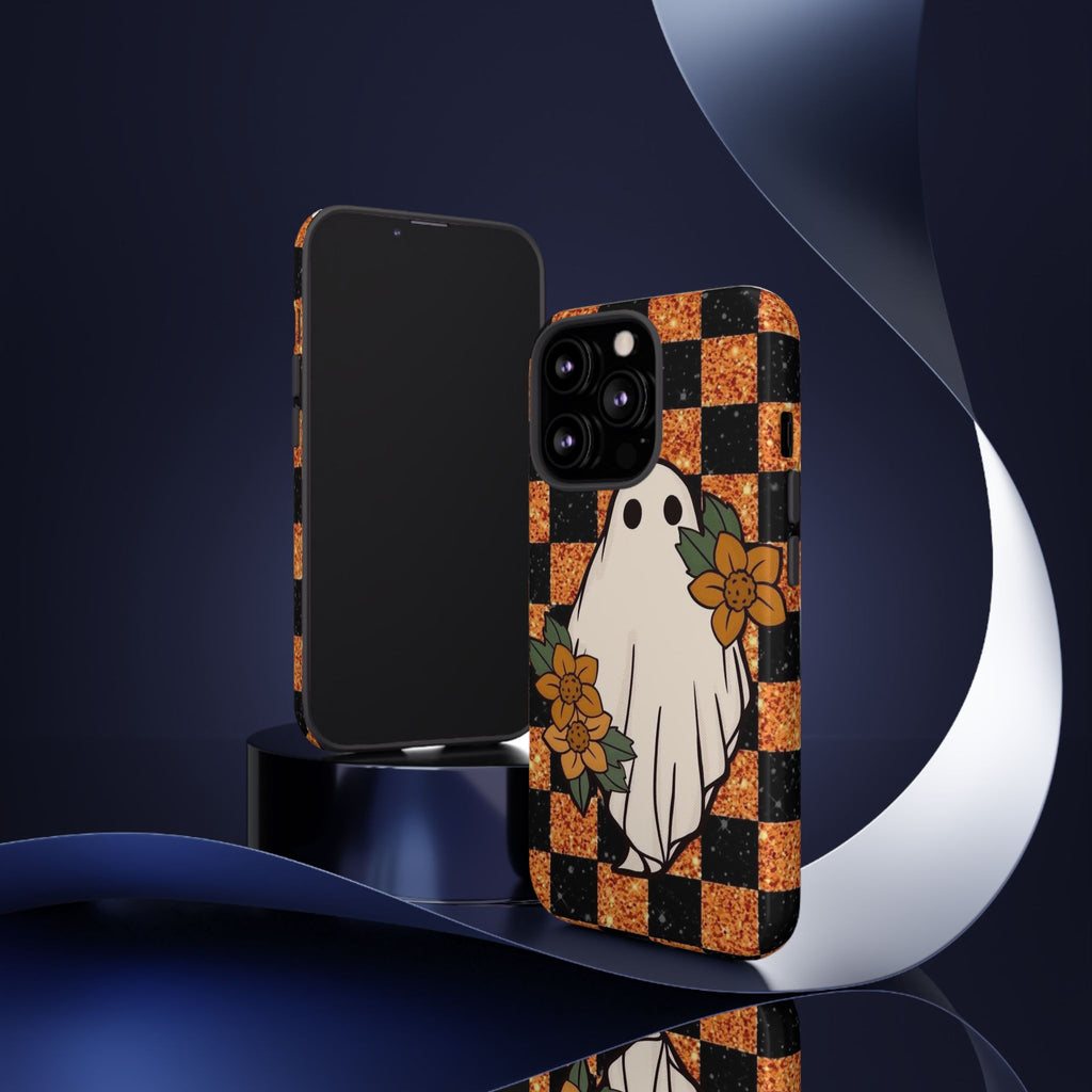 Halloween Ghost Phone Case — Checkerboard Orange Glitter Floral Design