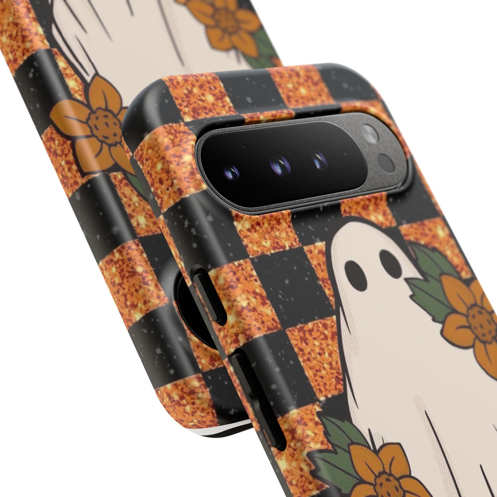 Halloween Ghost Phone Case — Checkerboard Orange Glitter Floral Design