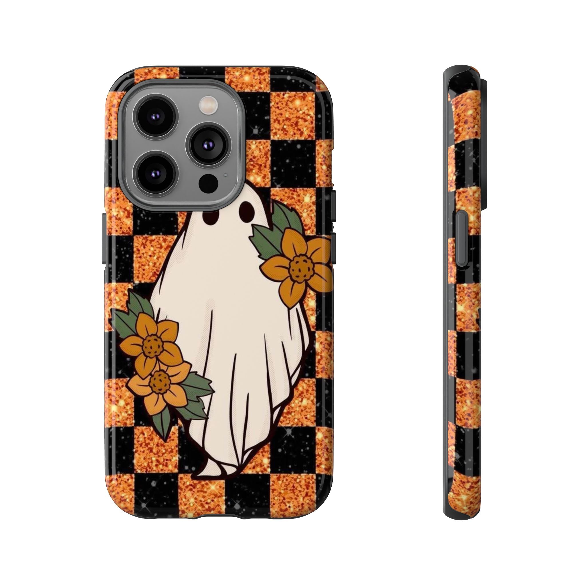 Halloween Ghost Phone Case — Checkerboard Orange Glitter Floral Design