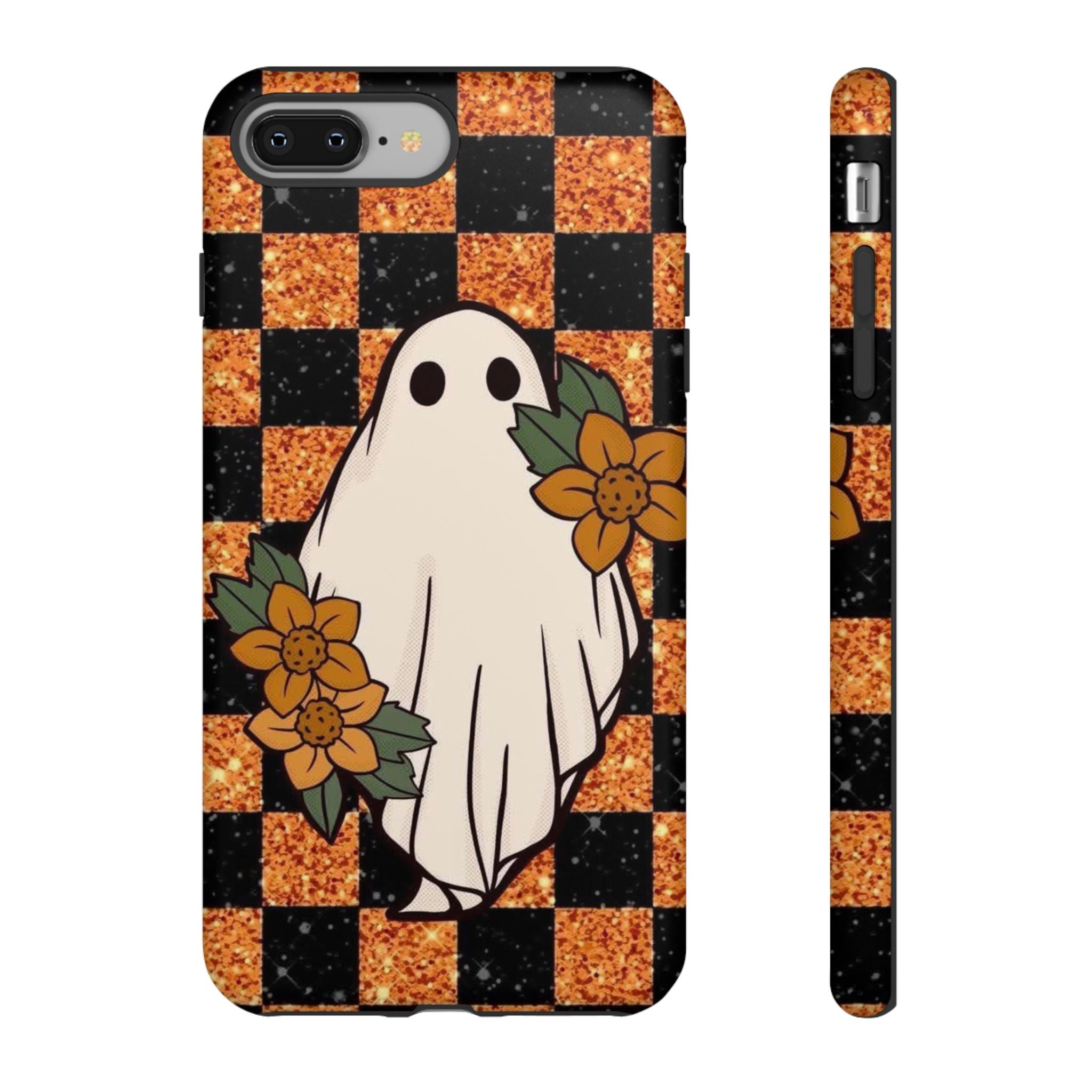 Halloween Ghost Phone Case — Checkerboard Orange Glitter Floral Design