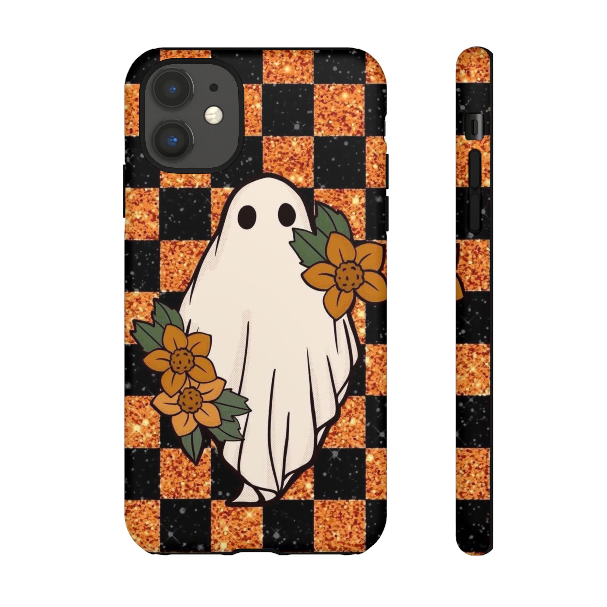 Halloween Ghost Phone Case — Checkerboard Orange Glitter Floral Design