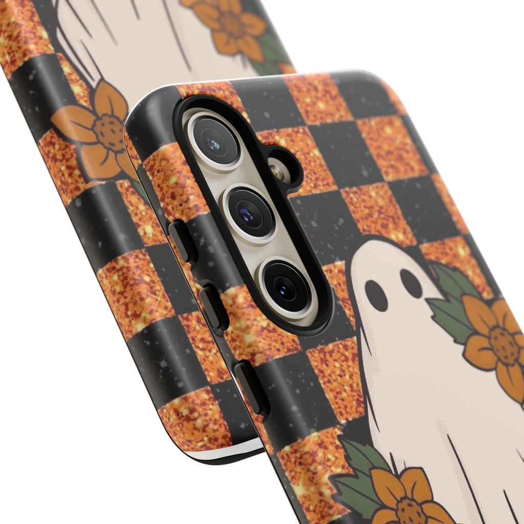 Halloween Ghost Phone Case — Checkerboard Orange Glitter Floral Design