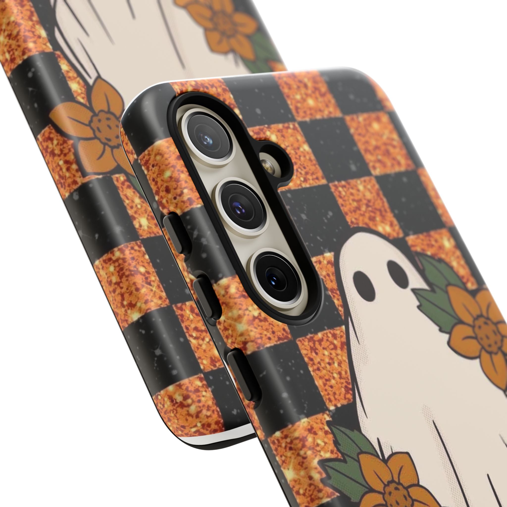 Halloween Ghost Phone Case — Checkerboard Orange Glitter Floral Design