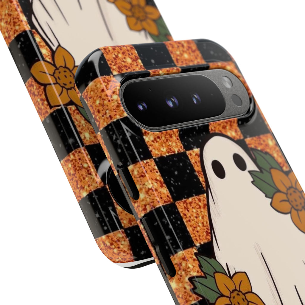 Halloween Ghost Phone Case — Checkerboard Orange Glitter Floral Design
