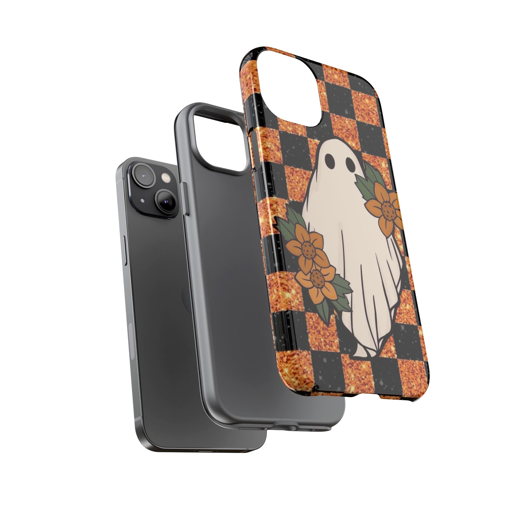 Halloween Ghost Phone Case — Checkerboard Orange Glitter Floral Design
