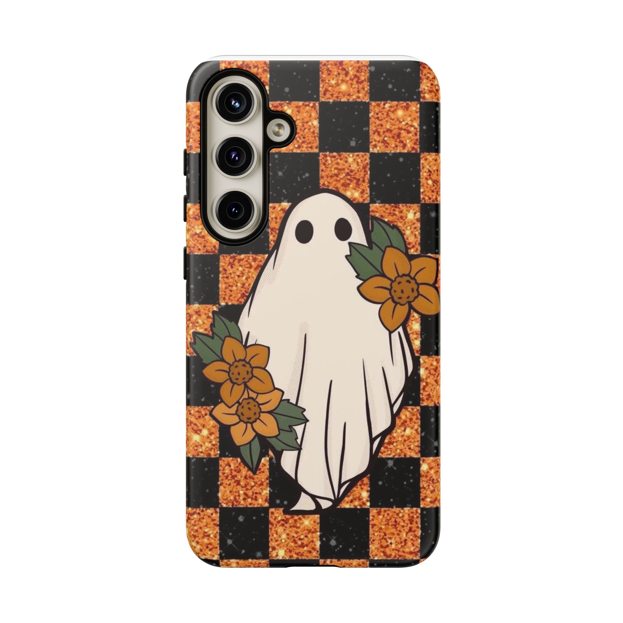 Halloween Ghost Phone Case — Checkerboard Orange Glitter Floral Design