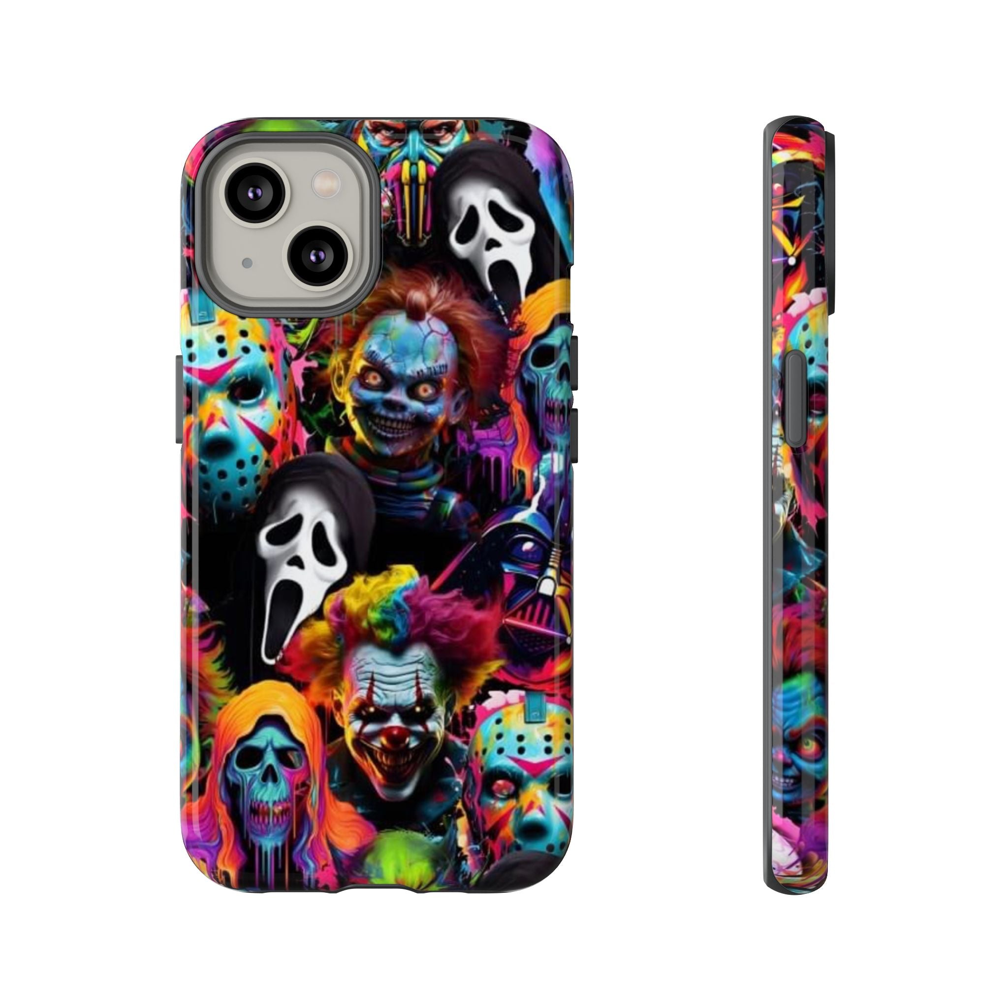 Phone Case — Neon Horror Mask Collage (Scream, Jason, Clown)