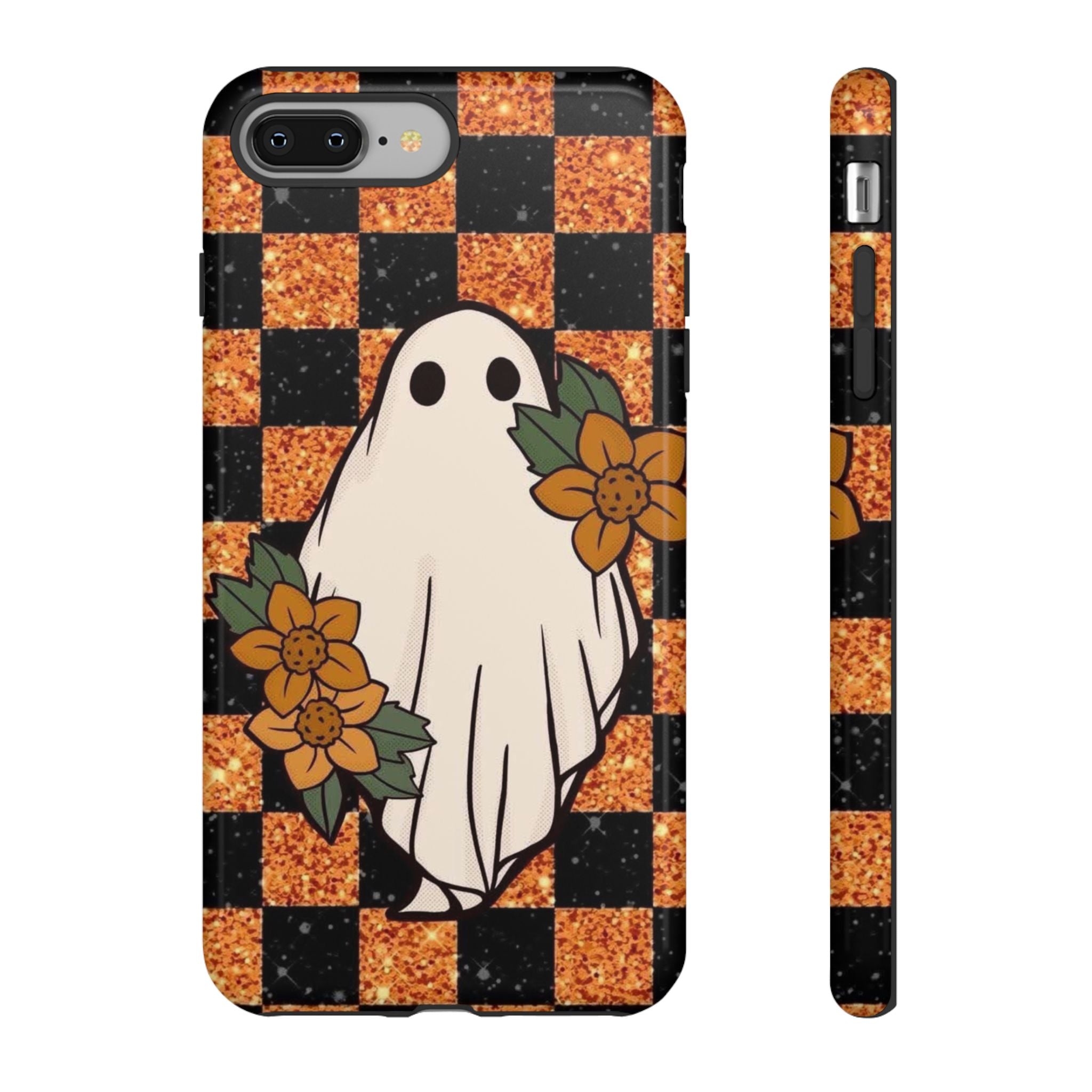 Halloween Ghost Phone Case — Checkerboard Orange Glitter Floral Design