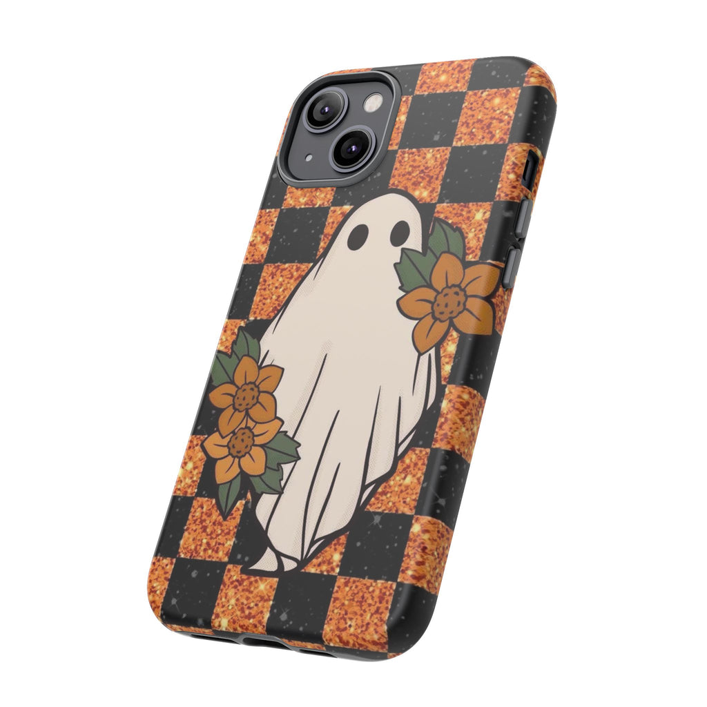 Halloween Ghost Phone Case — Checkerboard Orange Glitter Floral Design