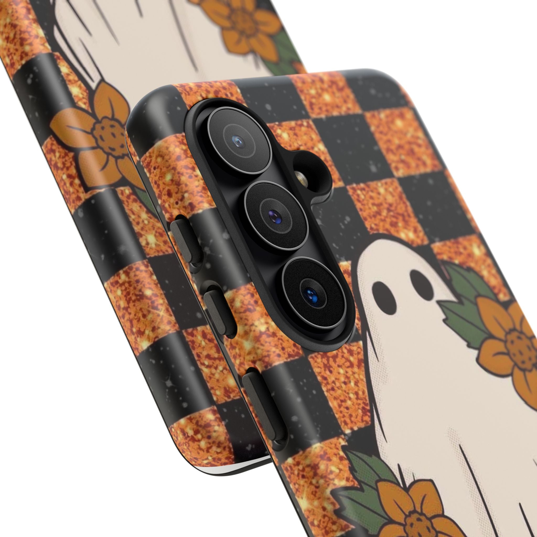 Halloween Ghost Phone Case — Checkerboard Orange Glitter Floral Design