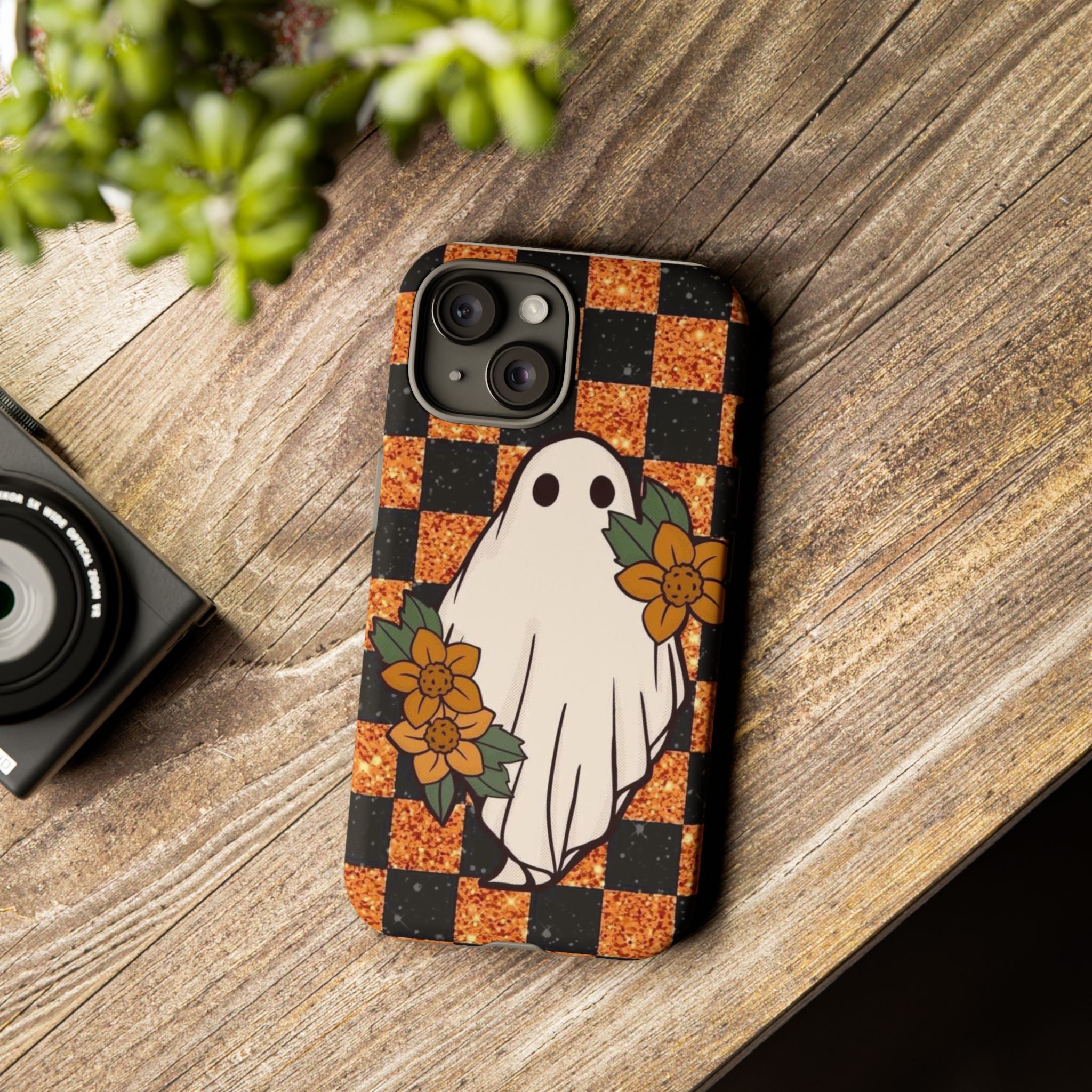 Halloween Ghost Phone Case — Checkerboard Orange Glitter Floral Design