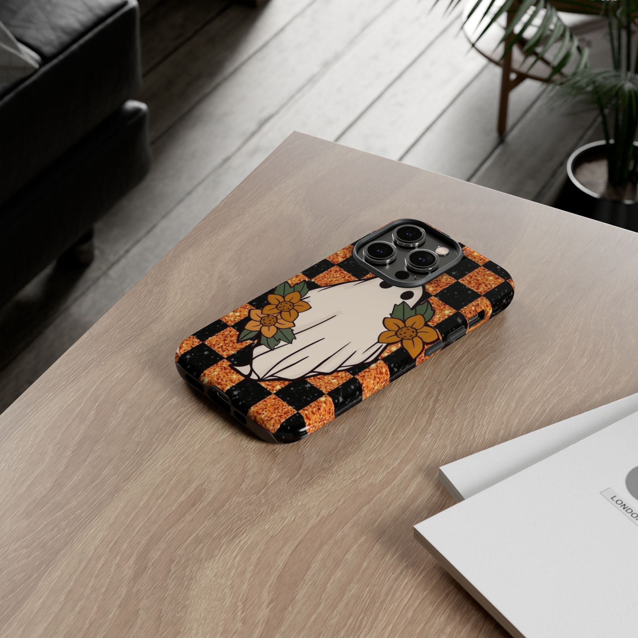 Halloween Ghost Phone Case — Checkerboard Orange Glitter Floral Design