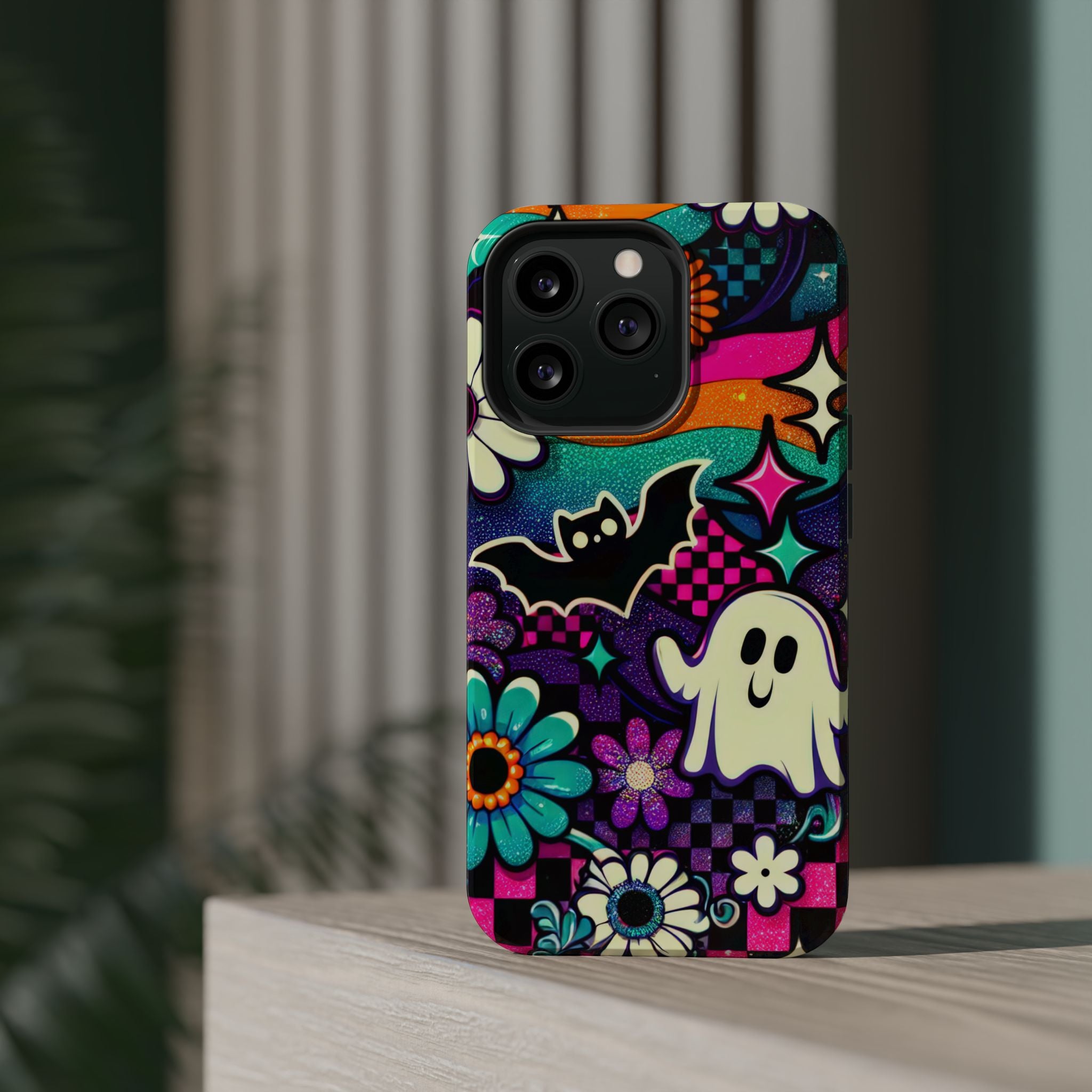 Halloween Retro Ghost & Bat Phone Case — Magnetic Impact-Resistant