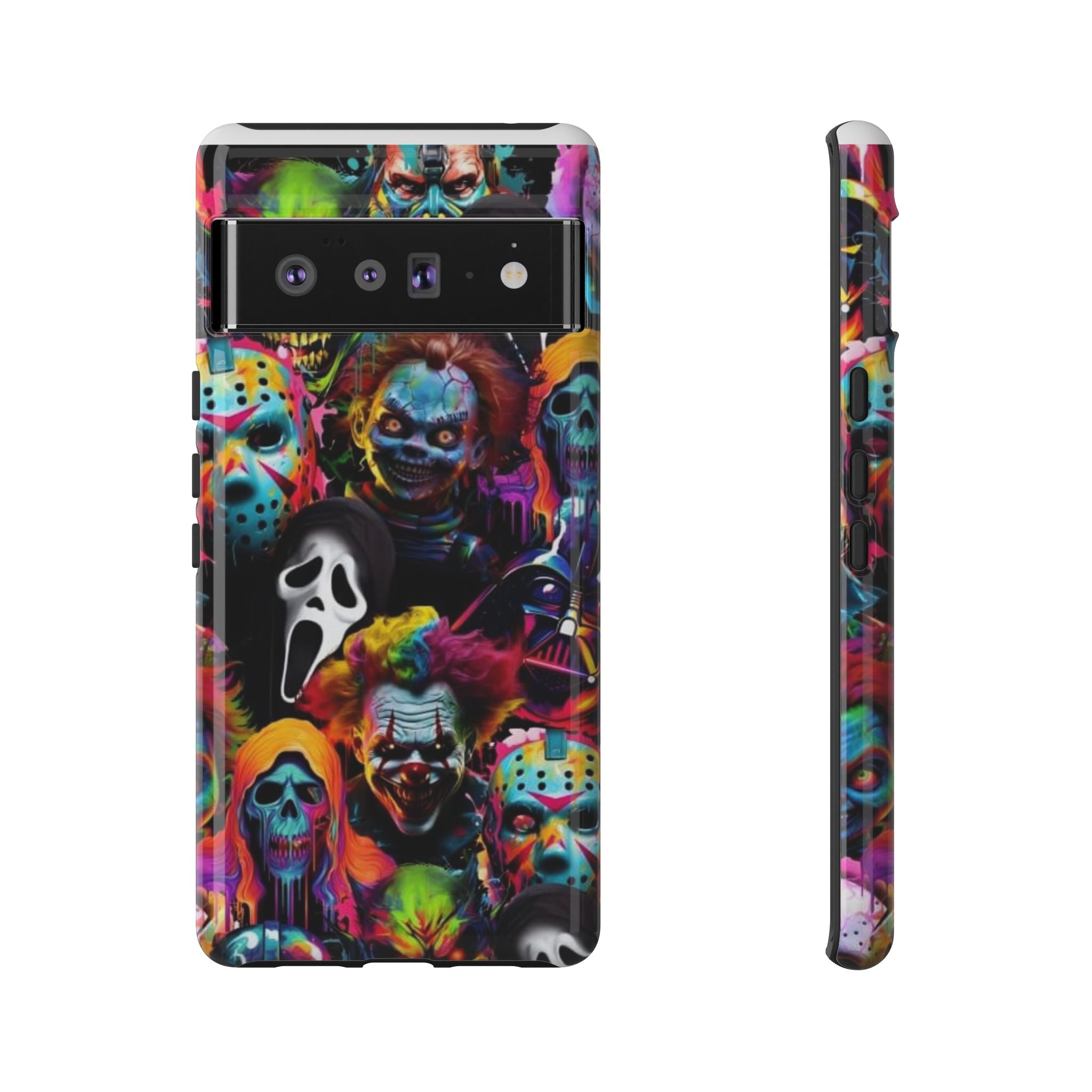 Phone Case — Neon Horror Mask Collage (Scream, Jason, Clown)