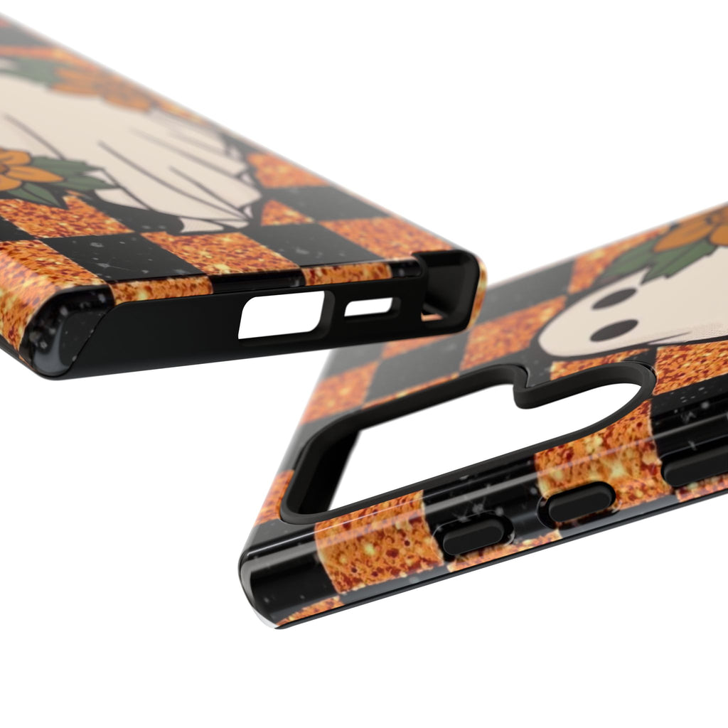 Halloween Ghost Phone Case — Checkerboard Orange Glitter Floral Design