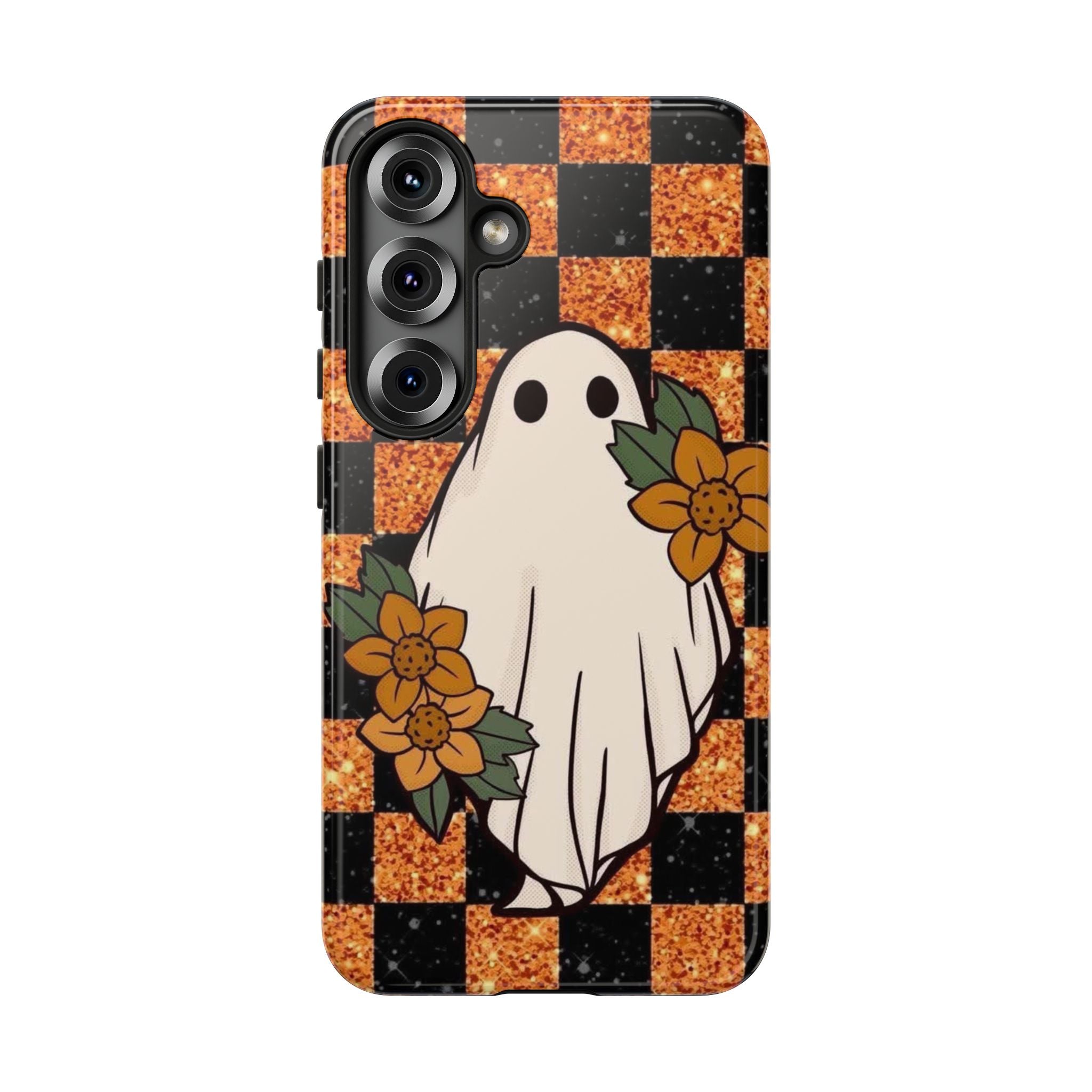 Halloween Ghost Phone Case — Checkerboard Orange Glitter Floral Design