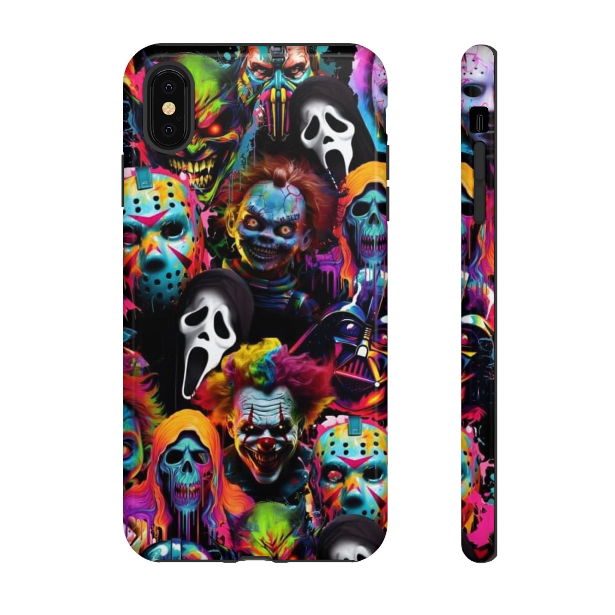 Phone Case — Neon Horror Mask Collage (Scream, Jason, Clown)