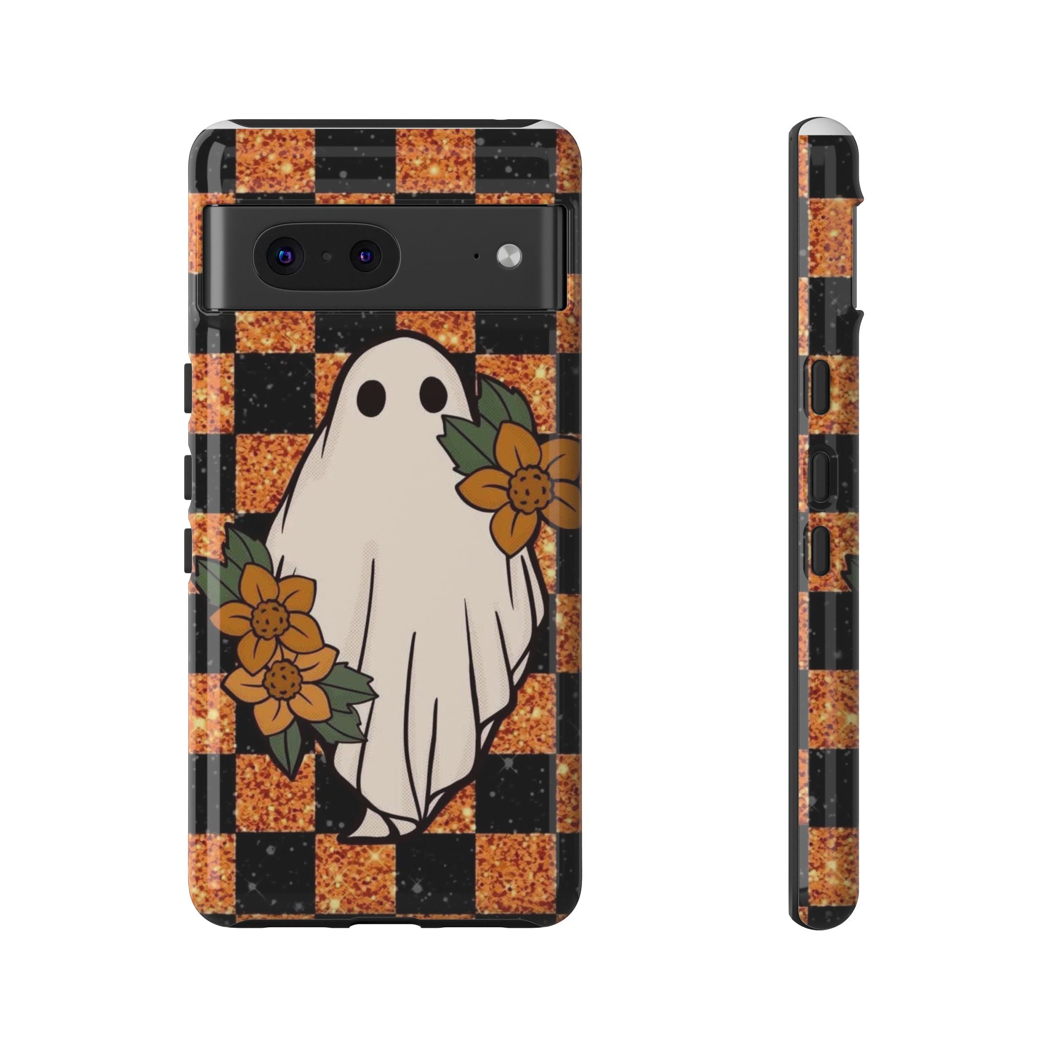 Halloween Ghost Phone Case — Checkerboard Orange Glitter Floral Design