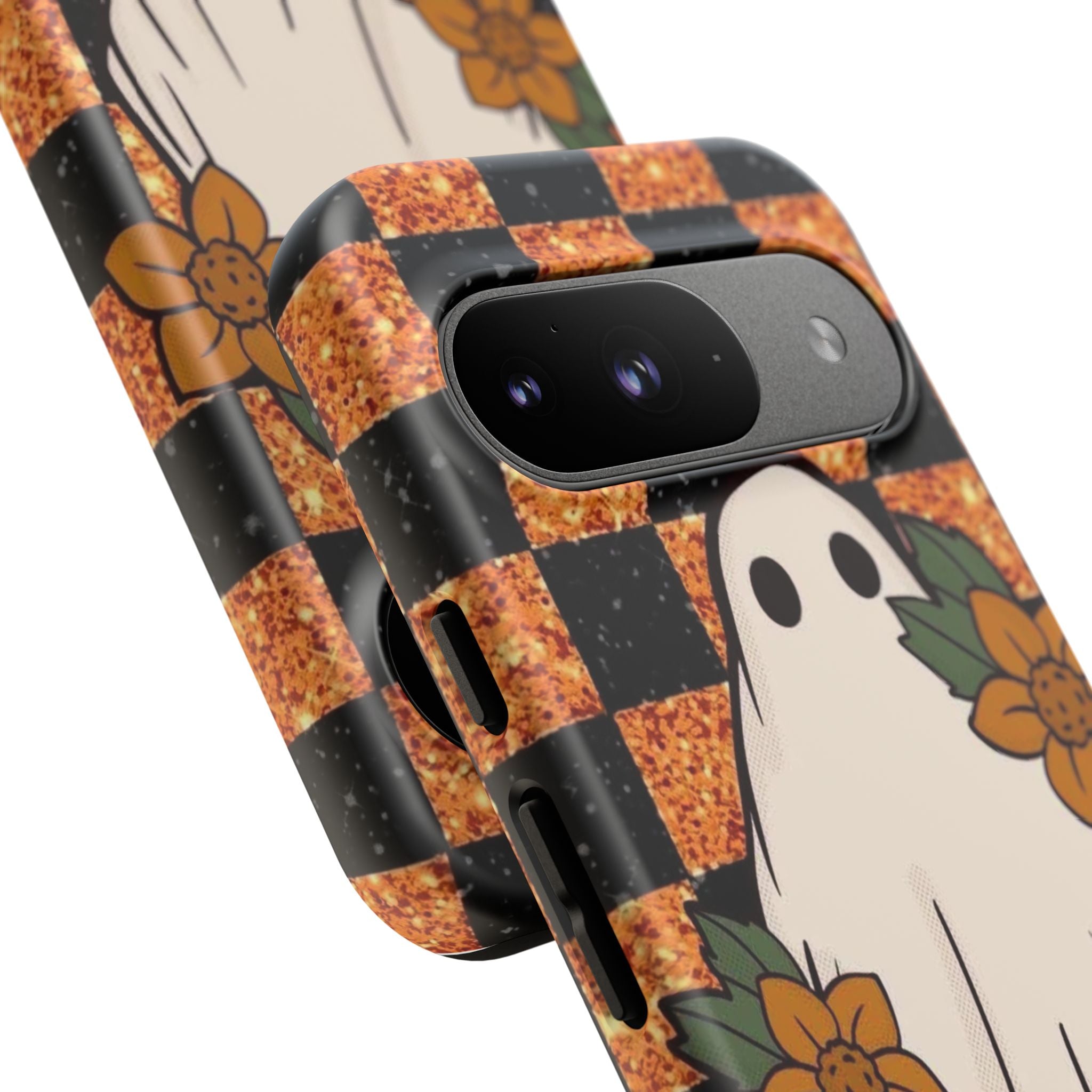 Halloween Ghost Phone Case — Checkerboard Orange Glitter Floral Design