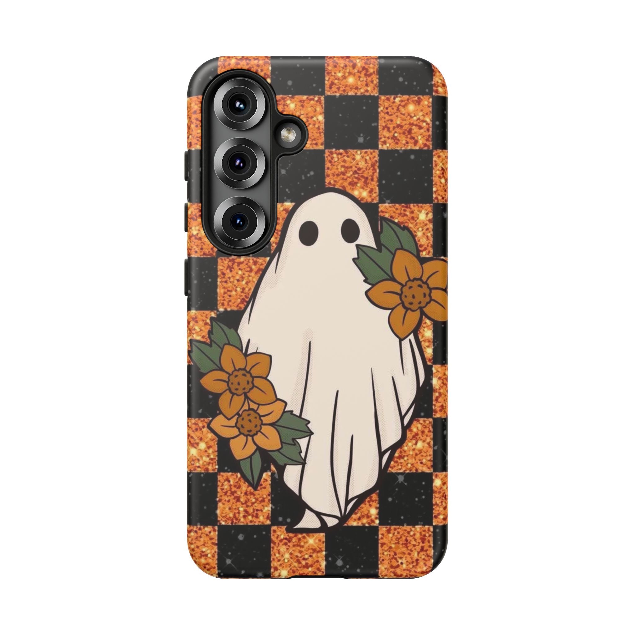 Halloween Ghost Phone Case — Checkerboard Orange Glitter Floral Design