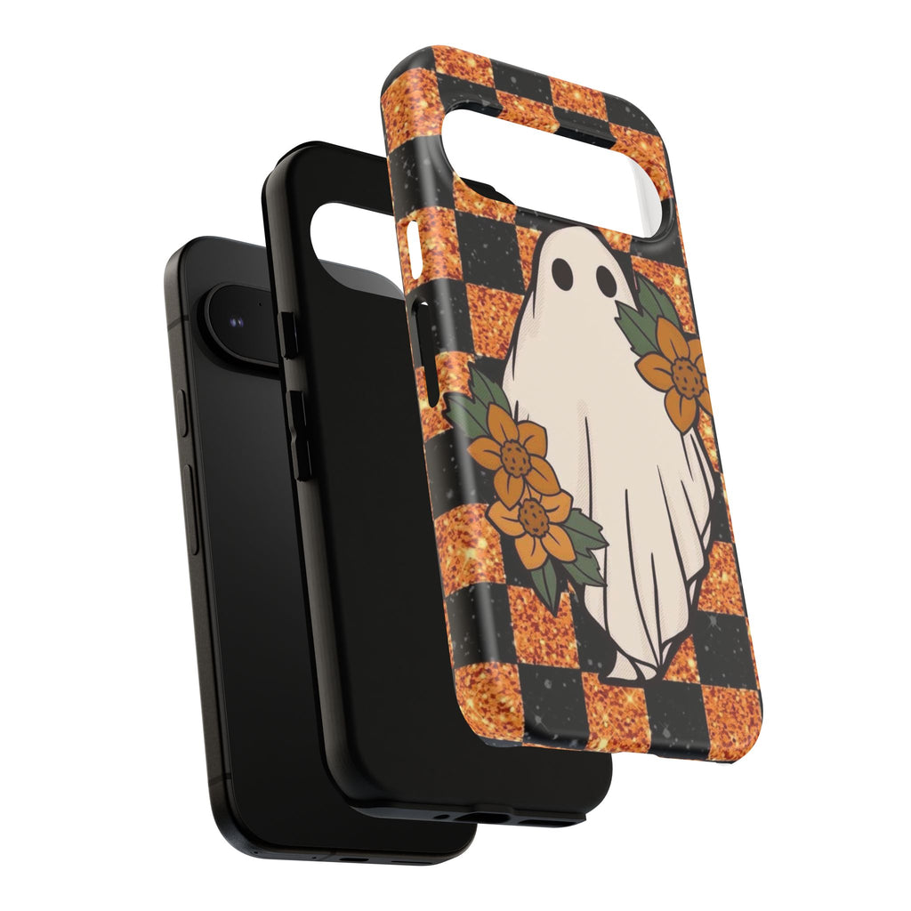 Halloween Ghost Phone Case — Checkerboard Orange Glitter Floral Design